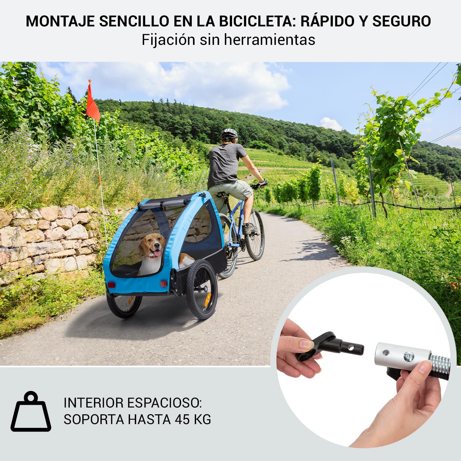 Klarfit Husky City Carrito para Perros Bicicleta, Silla Ruedas, Remolque Bicicleta Lona Oxford 600D, Reflectores, Bandera de Advertencia y Correa Seguridad, Pequeños/Medianos, 250L, 45kg MAX.