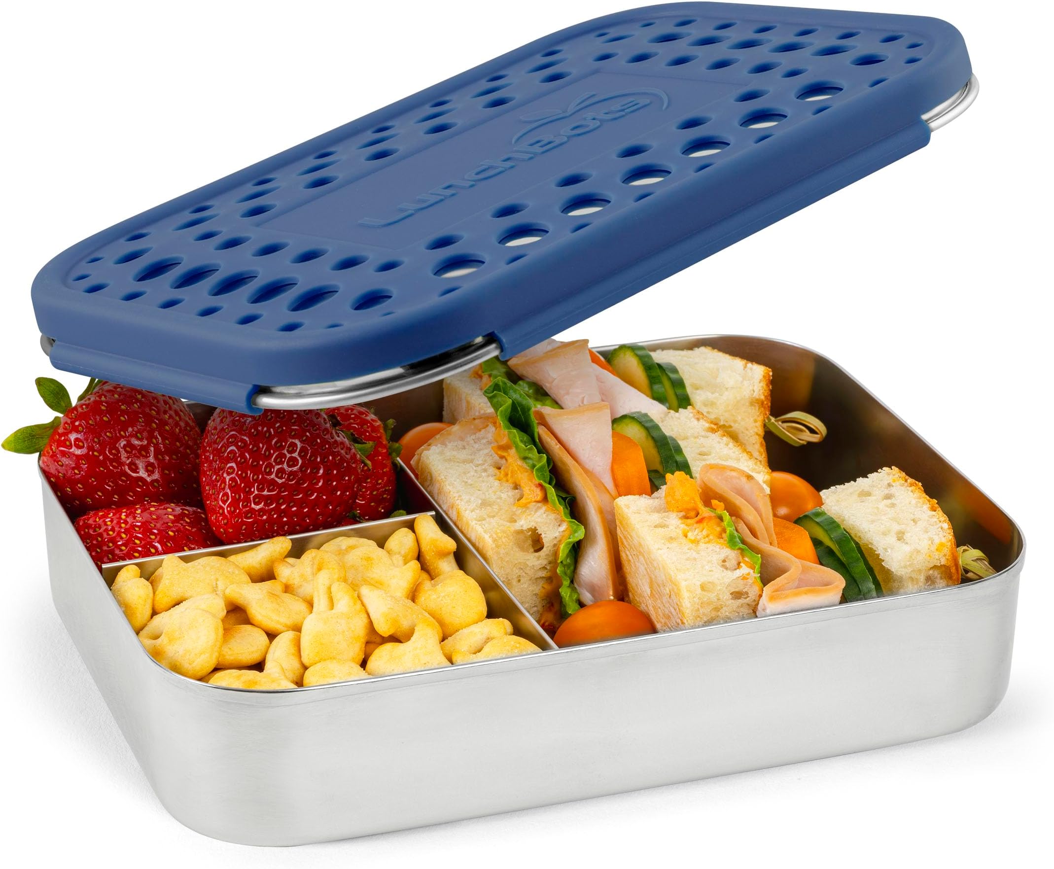 LunchBots Large Trio Stainless Steel Lunch Container -Three Section Design for Sandwich and Two Sides - Metal Bento Lunch Box - Eco-Friendly - Stainless Lid - Blue Dots