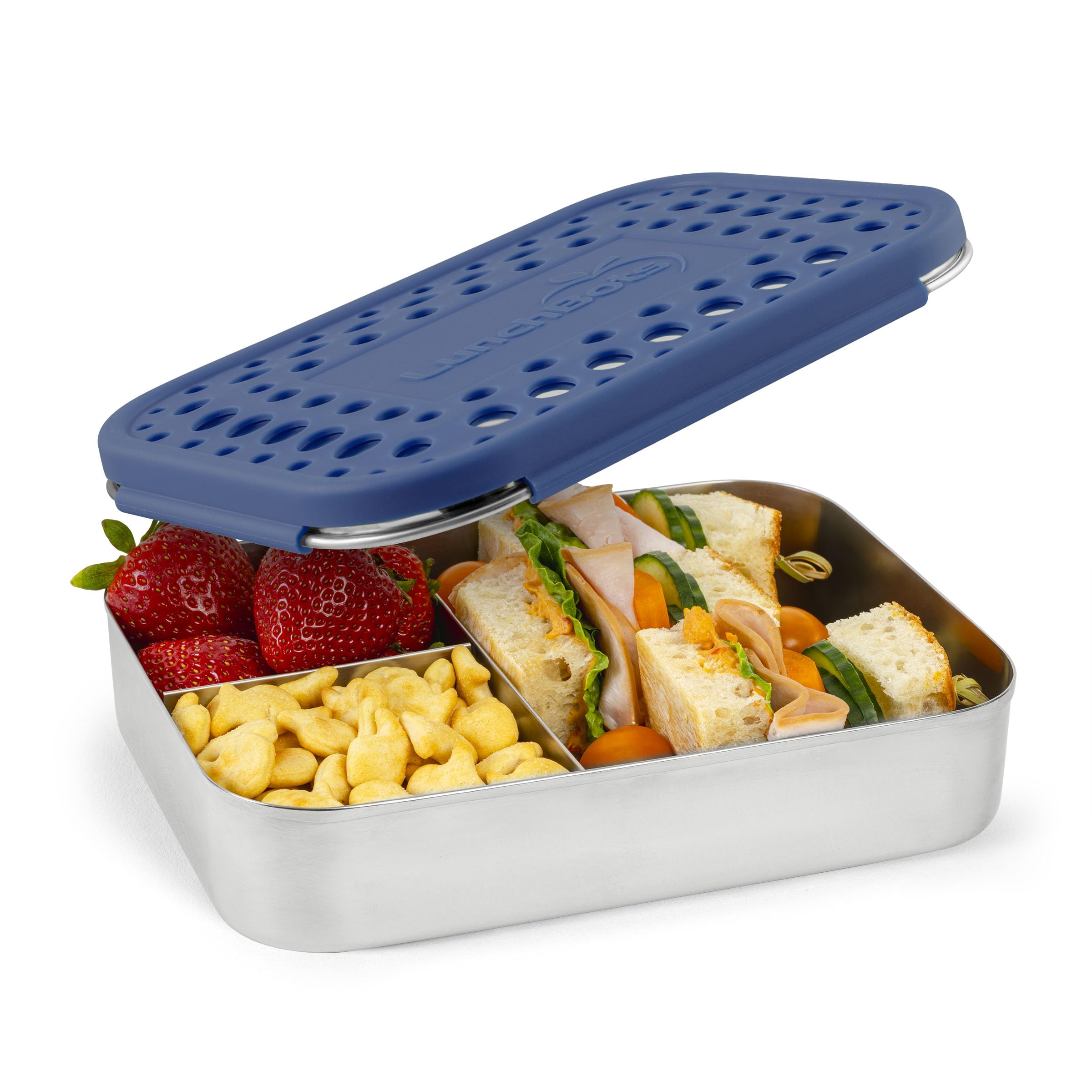 LunchBots Large Trio Stainless Steel Lunch Container -Three Section Design for Sandwich and Two Sides - Metal Bento Lunch Box - Eco-Friendly - Stainless Lid - Blue Dots