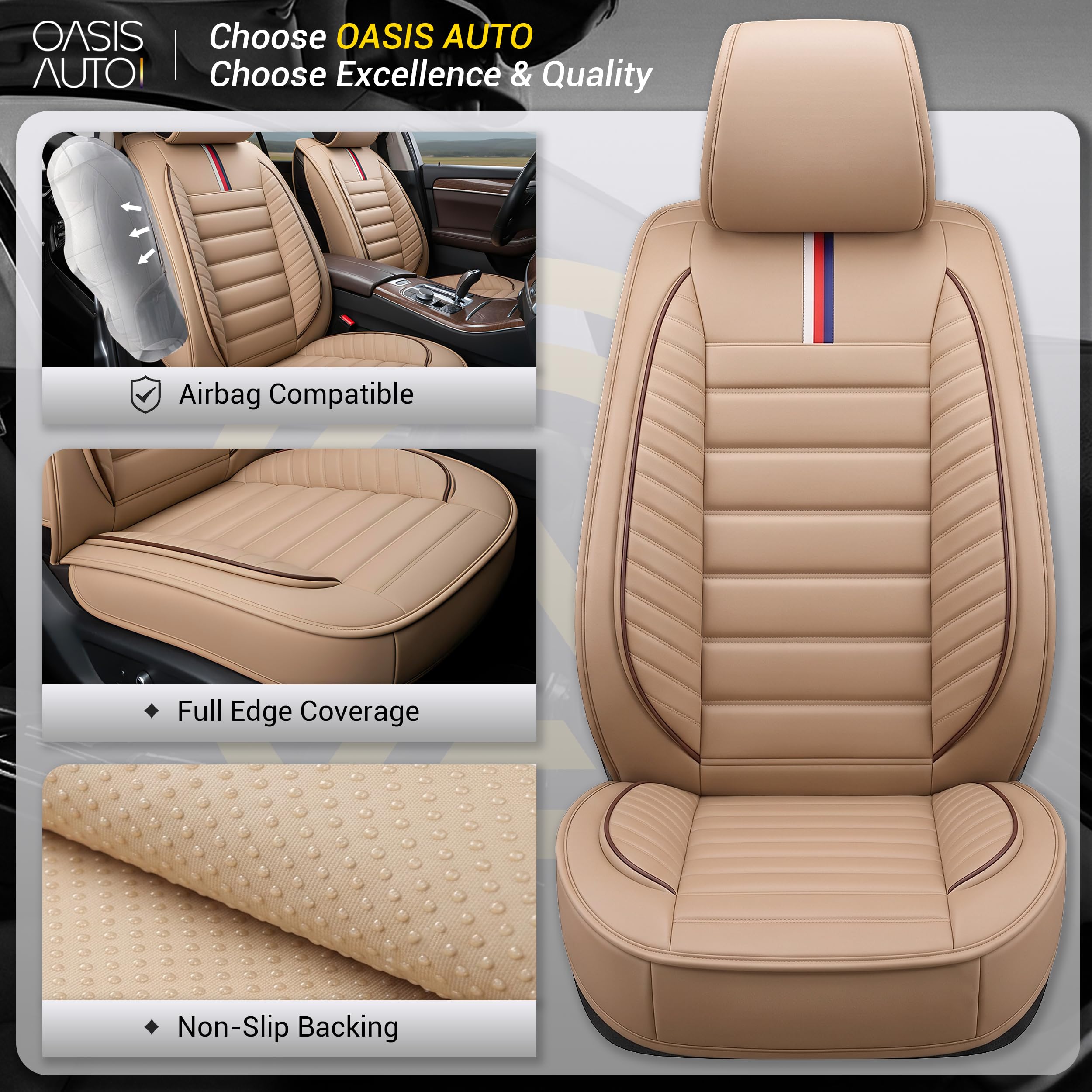 OASIS AUTO Car Seat Cover Full Set, Leather Car Seat Cover, Waterproof Seat Covers, Car Seat Cushion, Nappa Leather Seat Covers Car Seat Protector Universal Fit Most Cars (OS-001 Tan) — Amazon image 5