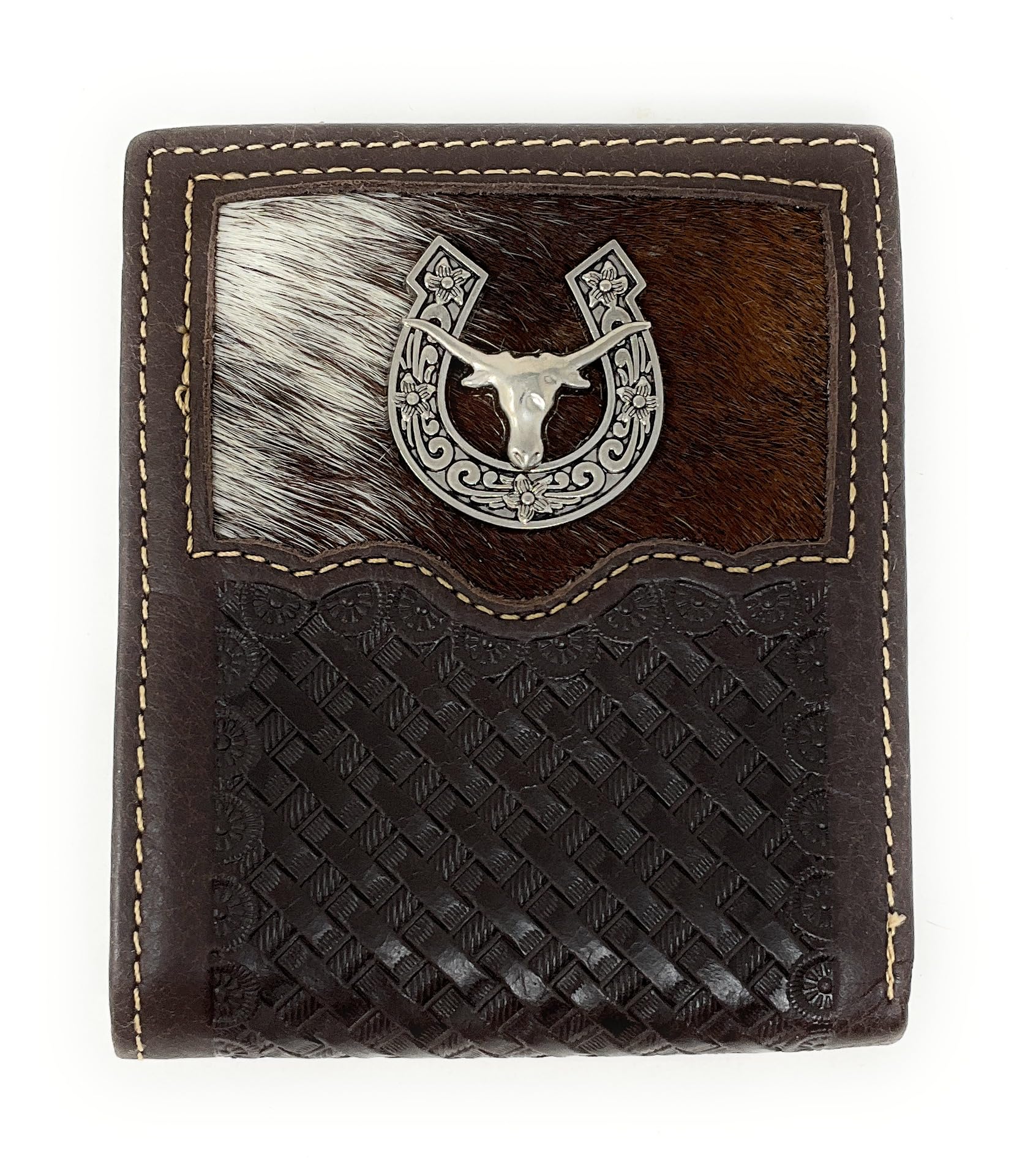Western Genuine Woven Leather Cowhide Mens Bifold Short Wallet in Multi Emblem (Longhorn)