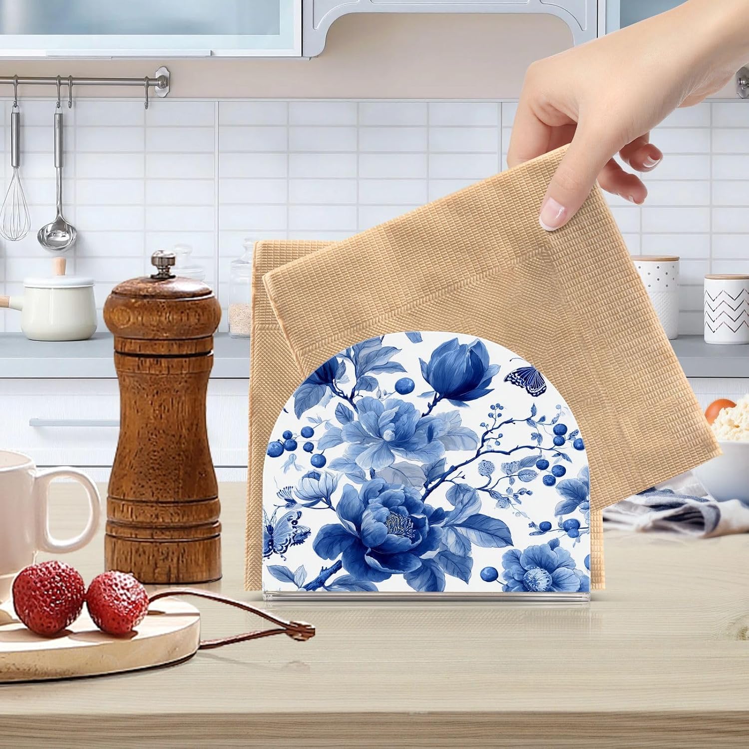 Napkin Holder for Table Upright Napkins Dispenser Kitchen Acrylic Tissue Dispensers Holders for Cocktail Hotel Restaurant Home Outdoor Decor 1 Pack Blue and White Flower Butterfly