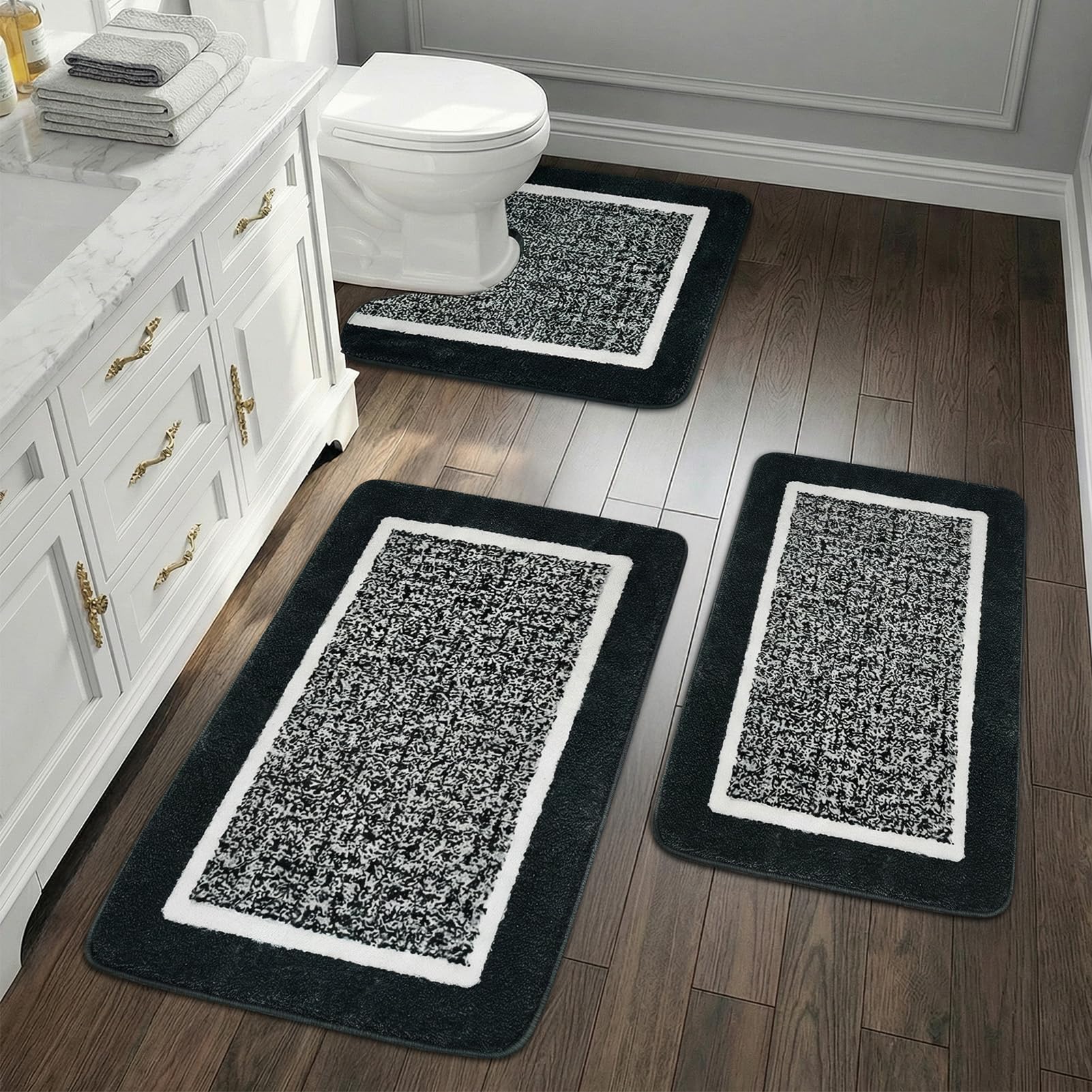 LUSCHEER Bathroom Mat Sets 3 piece, Black Bathroom Rugs