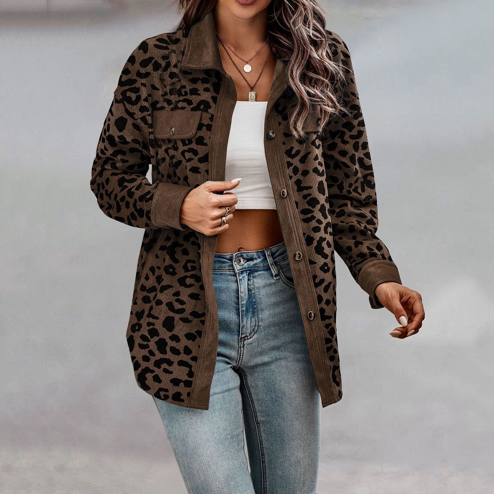 Generisch Damenbekleidung Damen Button-Down-Hemden mit Langen Ärmeln, übergroße Cordhemden mit Leopardenmuster, Lange Ärmel, Jacken, Mäntel mit Taschen Damen Mantel Hochzeit (Brown, XXL)
