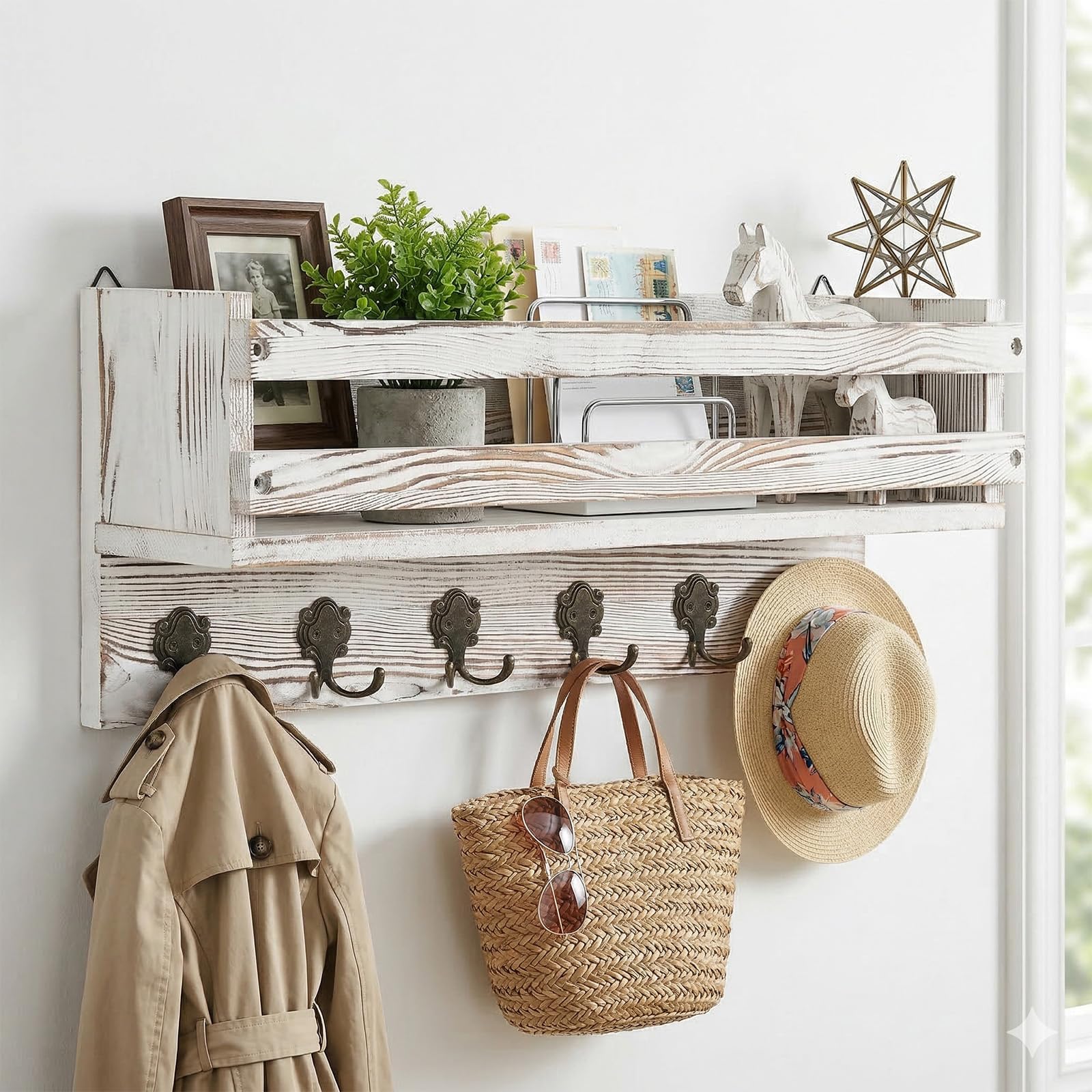 Bekrvio Pine Wood Coat Hooks Wall Mounted with Shelf and 6 Hooks, Wall Storage Cabinet Unit for Entryway, Hallway, Kitchen or Living Room, 58 × 13.5 × 22 CM