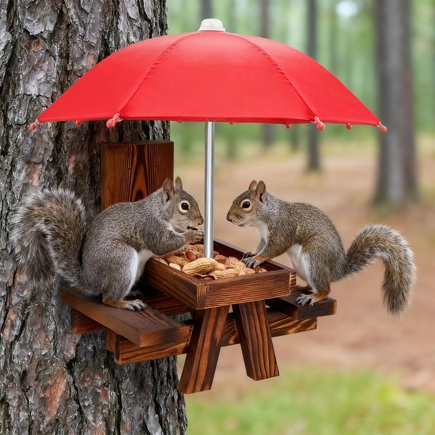 Squirrel Picnic Table Feeder with Umbrella & Corn Cob Holder, Wooden Outdoor Squirrel feeders for Outside, Durable Weather-Resistant Funny Animal Decor for Squirrels, Gift for Garden Yard Patio