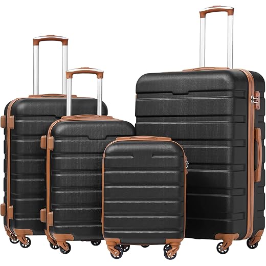 Coolife Luggage 3 Piece Set, Lightweight Durable Hardshell Suitcase set with 360° Spinner Wheels, TSA-approved Lock, Checked Family Travel Luggage sets, 16/20/24/28 Inch, Apricot Black