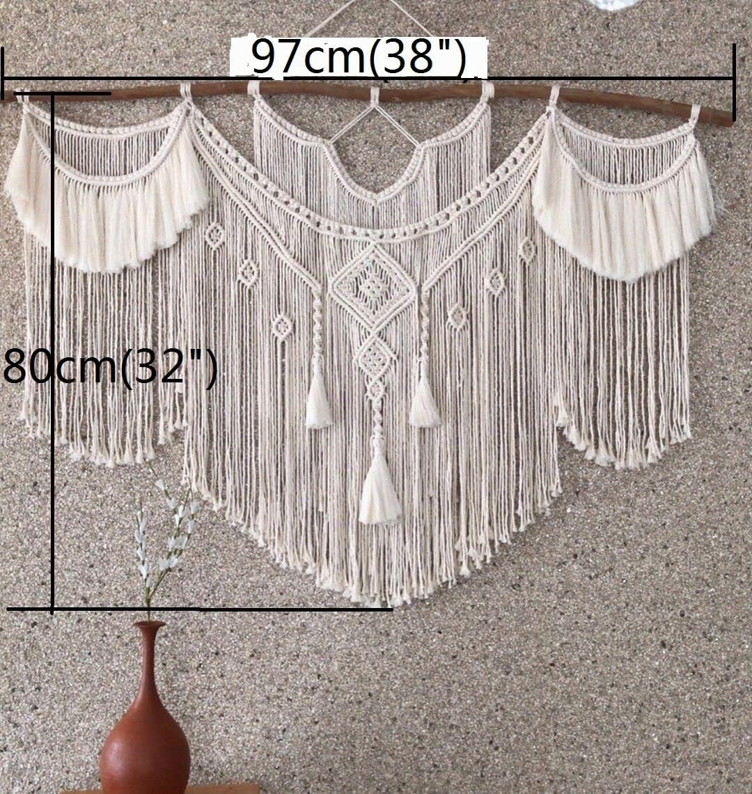 CBXSF Große Makramee Wandbehang Böhmisches Wanddekor Makramee Wandteppich Über dem Kopfteil Kunsthandwerk Gewebter Wandteppich Hochzeit Dekoration Natürlicher Holzstab,97cm B X 80cm L