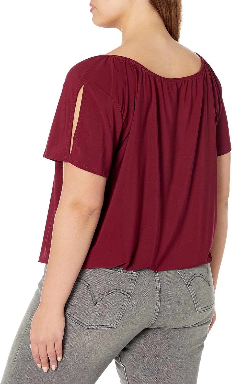 Star Vixen Womens Star Vixen Women's Petite Short/Slit Sleeve Keyhole-tie Peasant Top Bubble Hem - Image 2