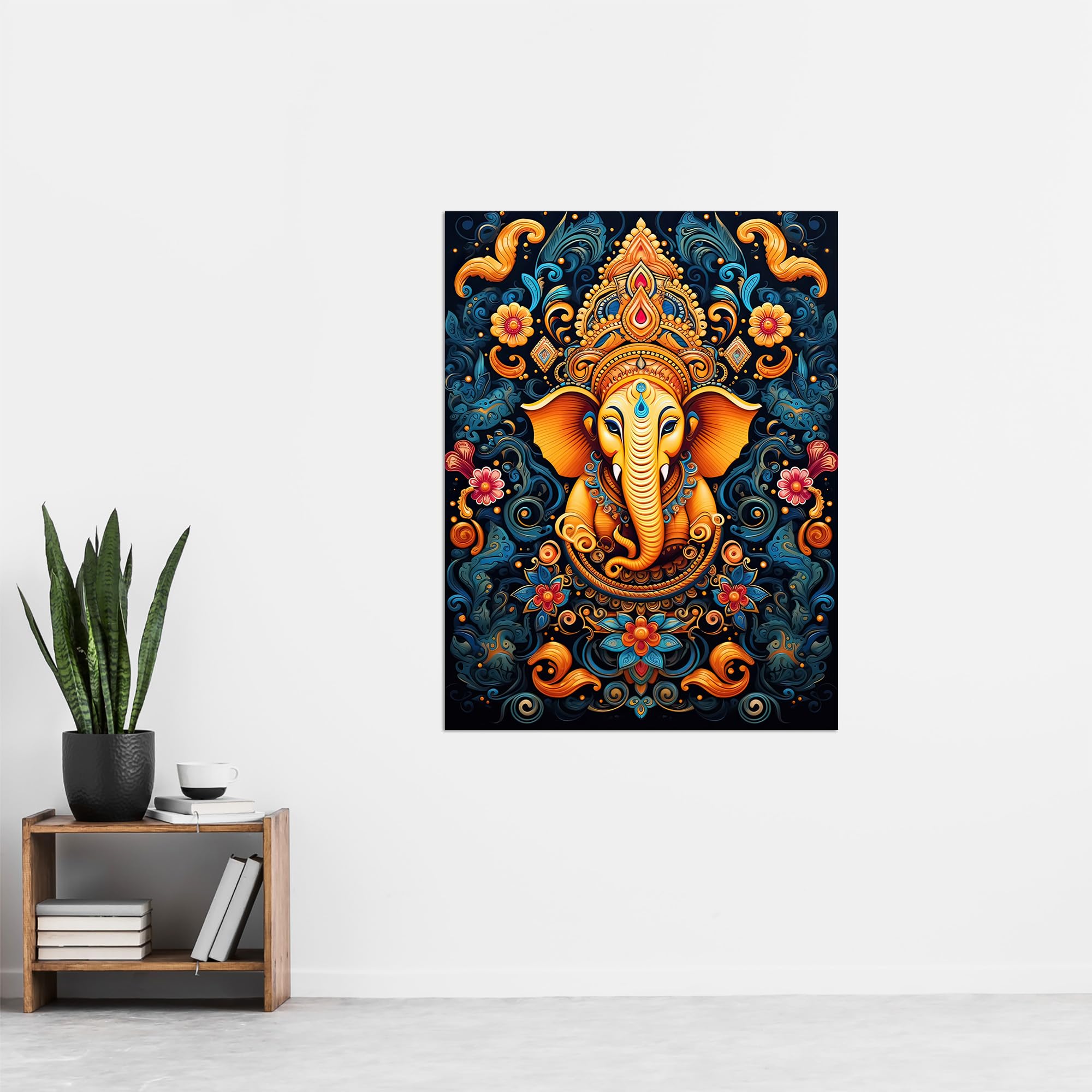 Artery8 Ganesha and Flowers Hindu Concept Art Orange Blue Vibrant Ornate Floral Pattern Design with Elephant Extra Large XL Wall Art Poster Print - Image 4