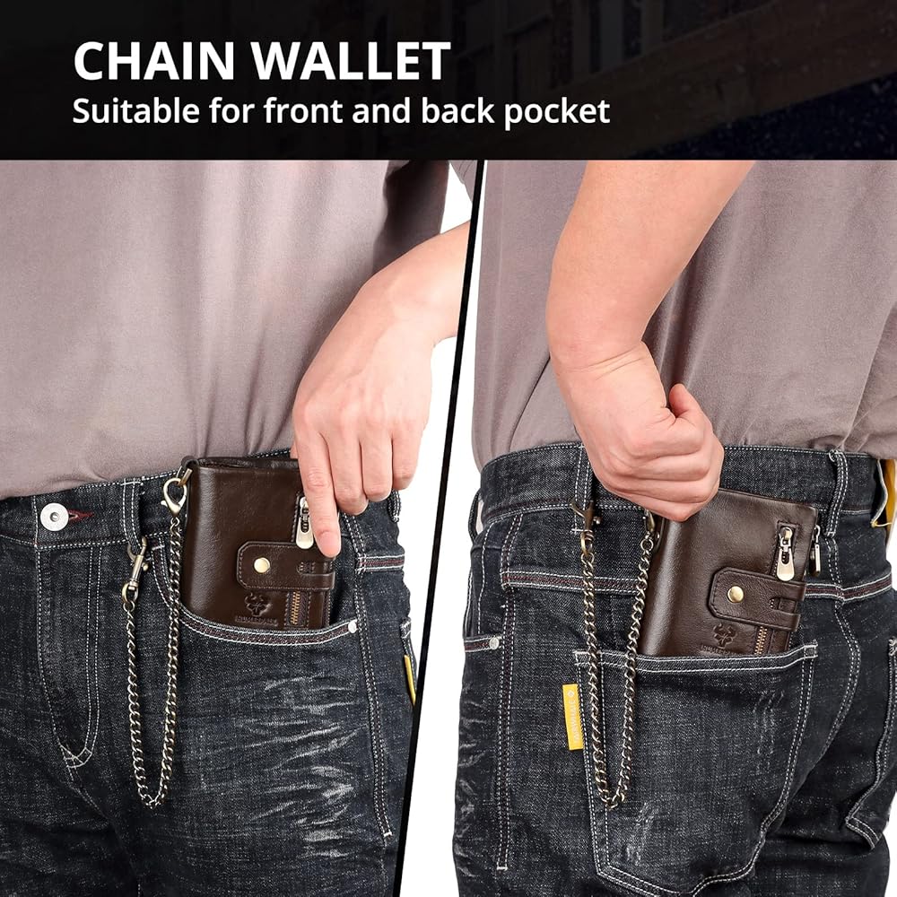 Mens Wallet with Chain Genuine Leather Purse RFID Blocking