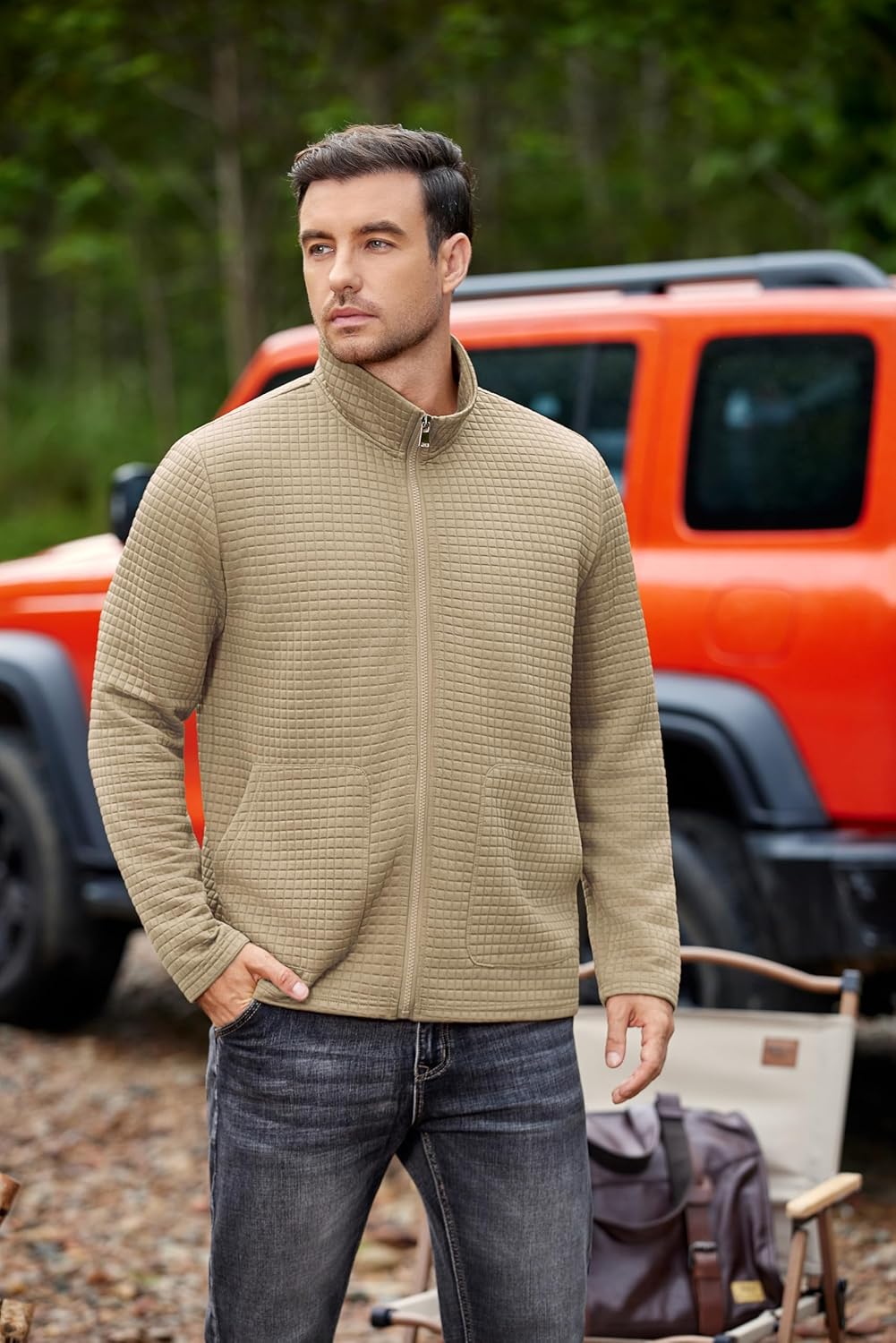 COOFANDY Men's Lightweight Varsity Jacket Casual Bomber Jackets Waffle Zip Up Sweatshirts with Pocket - Image 3