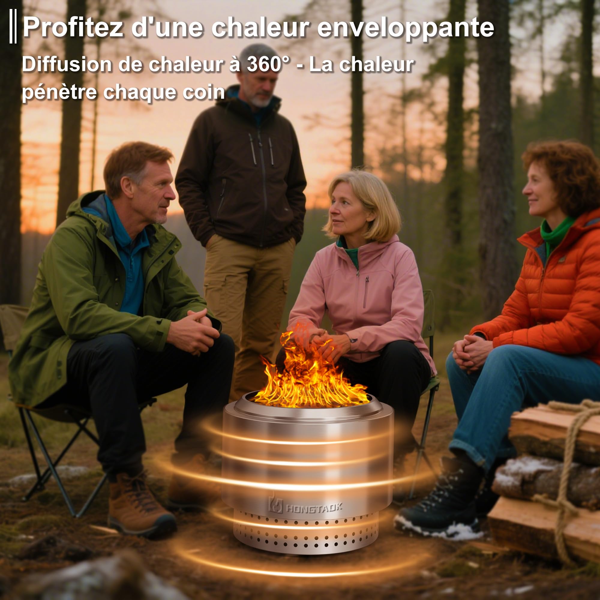 50 cm Brasero Exterieur, Foyer Portable sans Émission de Fumée, pour Camping Terrasse Extérieure, Bac à Cendres Amovible, Acier Inoxydable, Tisonnier de Feu et Sac Étanche