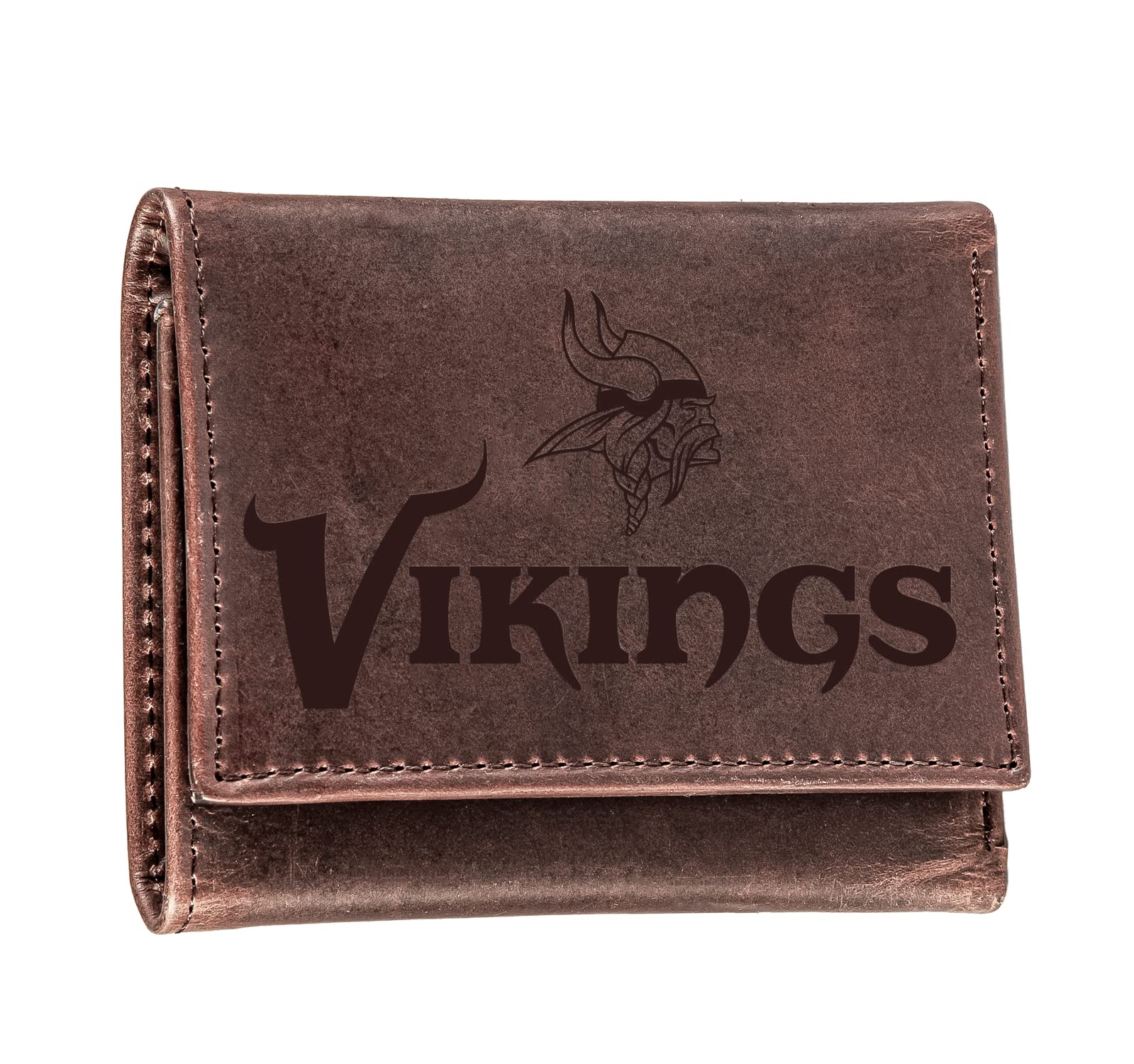 Team Sports America NFL Minnesota Vikings Geldbörse, dreifach gefaltet, offiziell lizenziertes geprägtes Logo, aus Leder, Geld- und Kartenorganizer, Geschenkbox im Lieferumfang enthalten