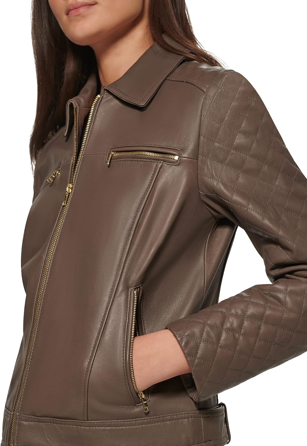 Cole Haan Women's Diamond Quilted Sleeve Shirt Collar Leather Coat - Image 5