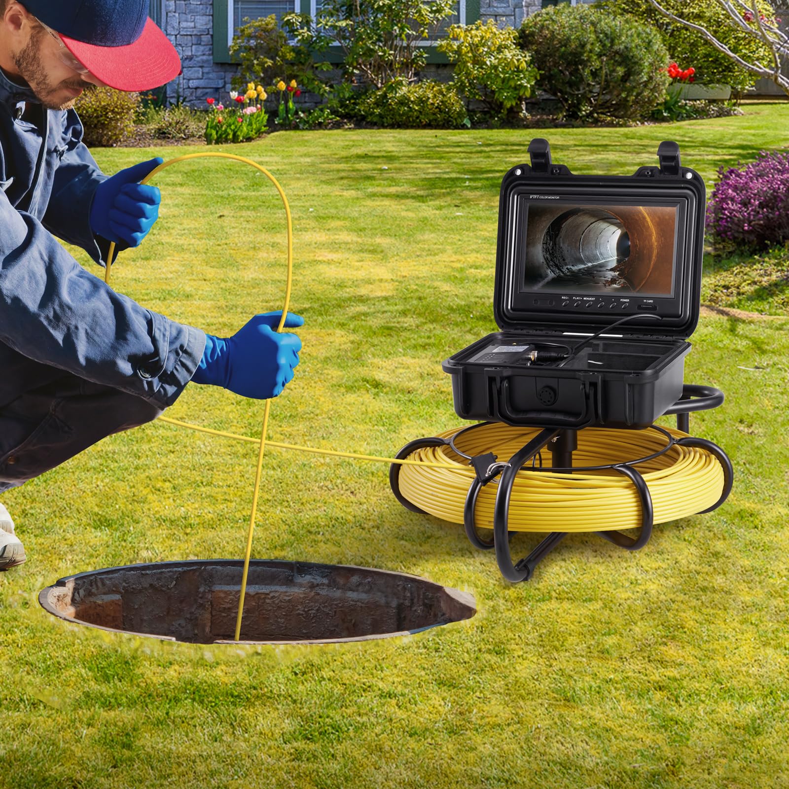 VEVOR Inspection Camera Rura 91,5 m Endoskopowy ekran odpływowy 9'' z wodoodpornym rejestratorem DVR IP68 12 diod LED, regulowana, karta SD 16 GB do rury kanalizacyjnej domu hydrauliki spustowej