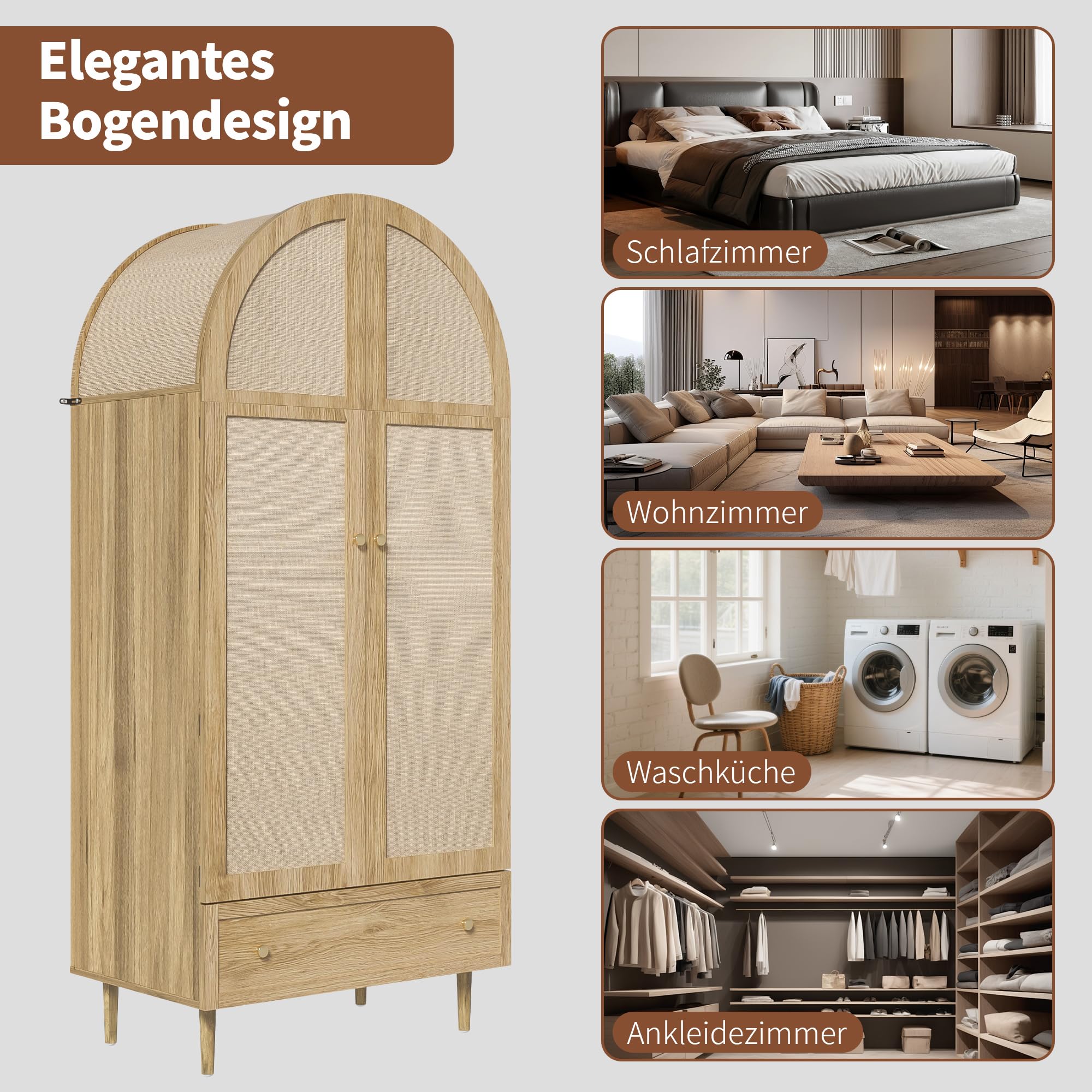 Armoire De Chambre, Armoire en Rotin à 2 Portes avec Grand Tiroir, éTagèRes RéGlables en Hauteur Et Tringle à VêTements, Anti-Basculement 175 X 80 X 50Cm, Chêne