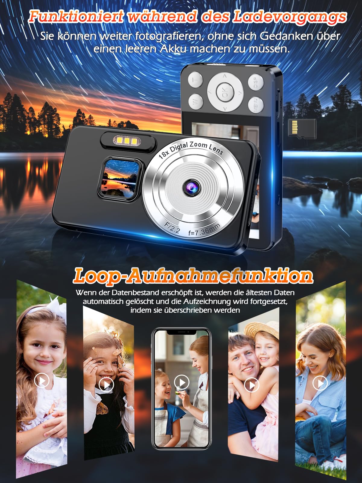 4K Digitalkamera, 64MP Autofokus Kompaktkamera, 18-facher Digitalzoom, 2,8" Display, Zeitraffer & Loop-Aufnahme, Webcam, Kompakte Kamera mit 32GB SD-Karte, Ideal für Anfänger & Erwachsene