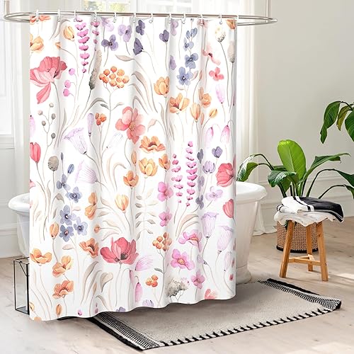 Miniatura 2 de QiyI Cortina de ducha floral de acuarela, cortina de baño de primavera con flores rosas, decoración del hogar, cortinas de baño lavables a máquina,
