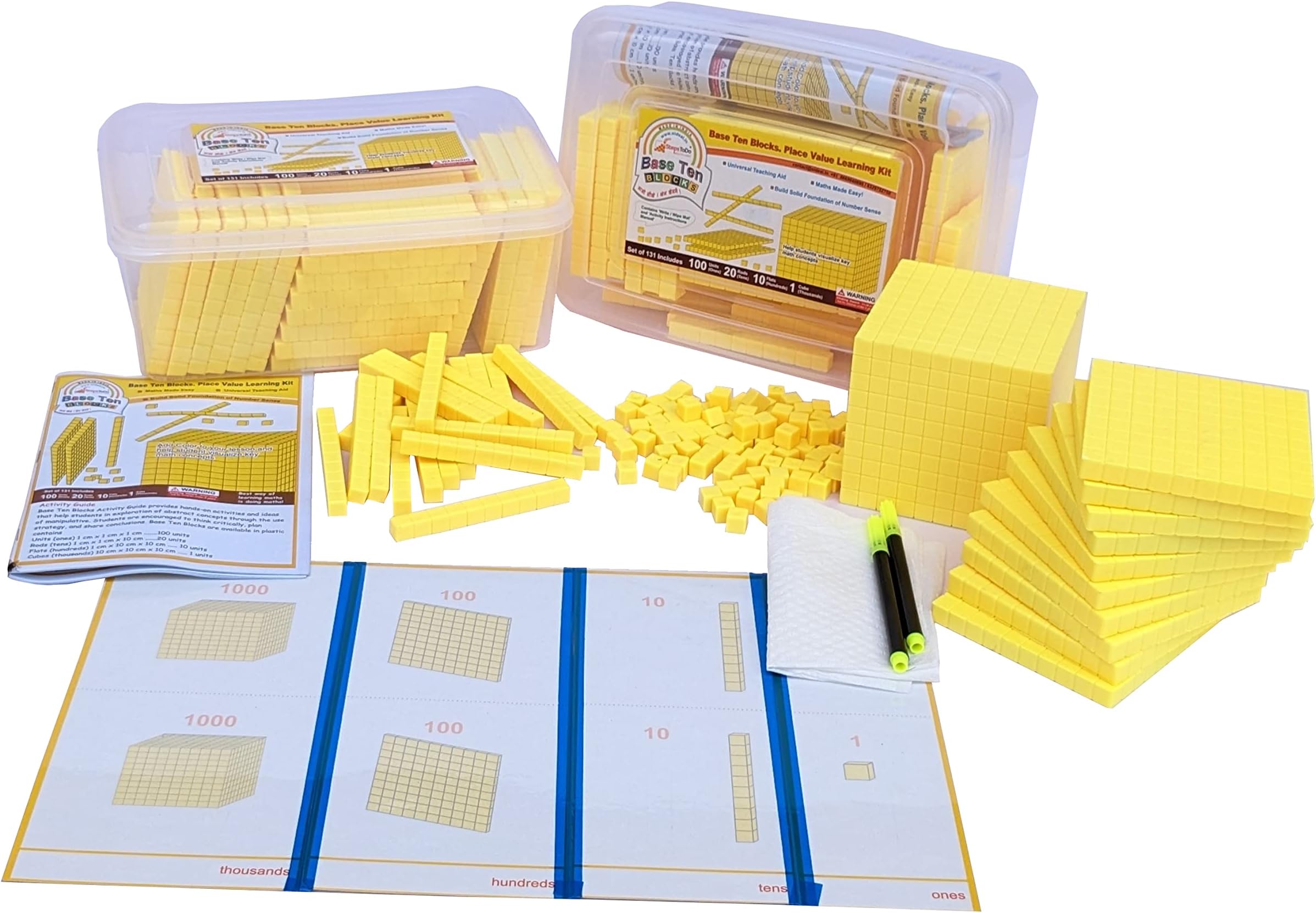 131 Pieces Base Ten Blocks Kit. Yellow Color. with Place Value Mats and Activity Instruction Book. Teaching Aid. Build Solid Foundation of Number Sense and Place Value. Place Value Blocks.