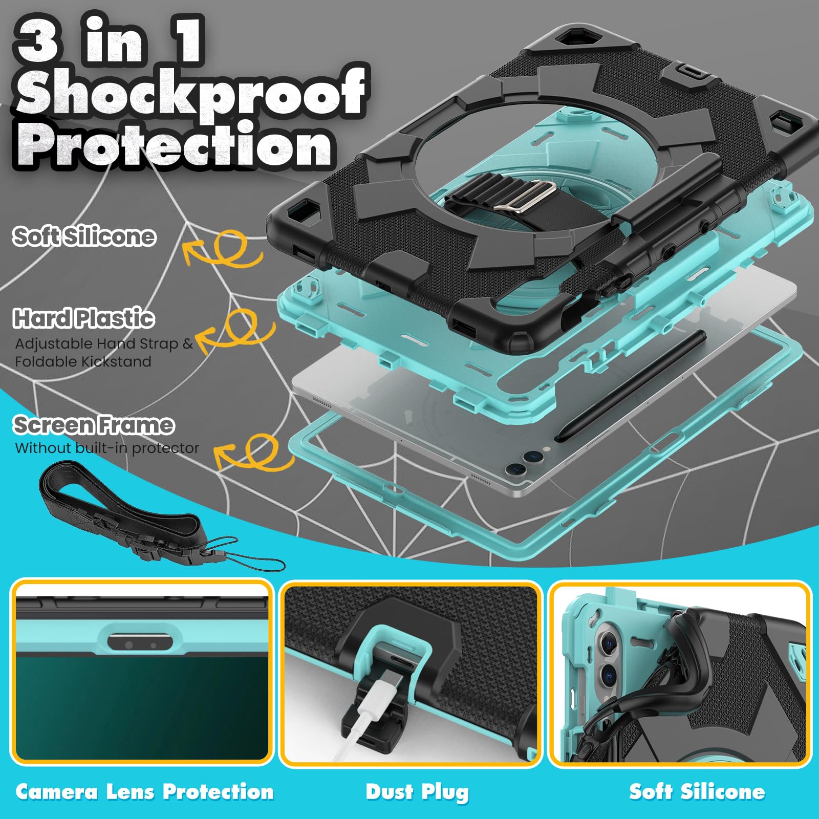 Custodia per tablet per Samsung Galaxy Tab S9 FE+ da 12,4", custodia antiurto in silicone resistente con portapenne, tracolla, supporto pieghevole girevole, cinturino da polso