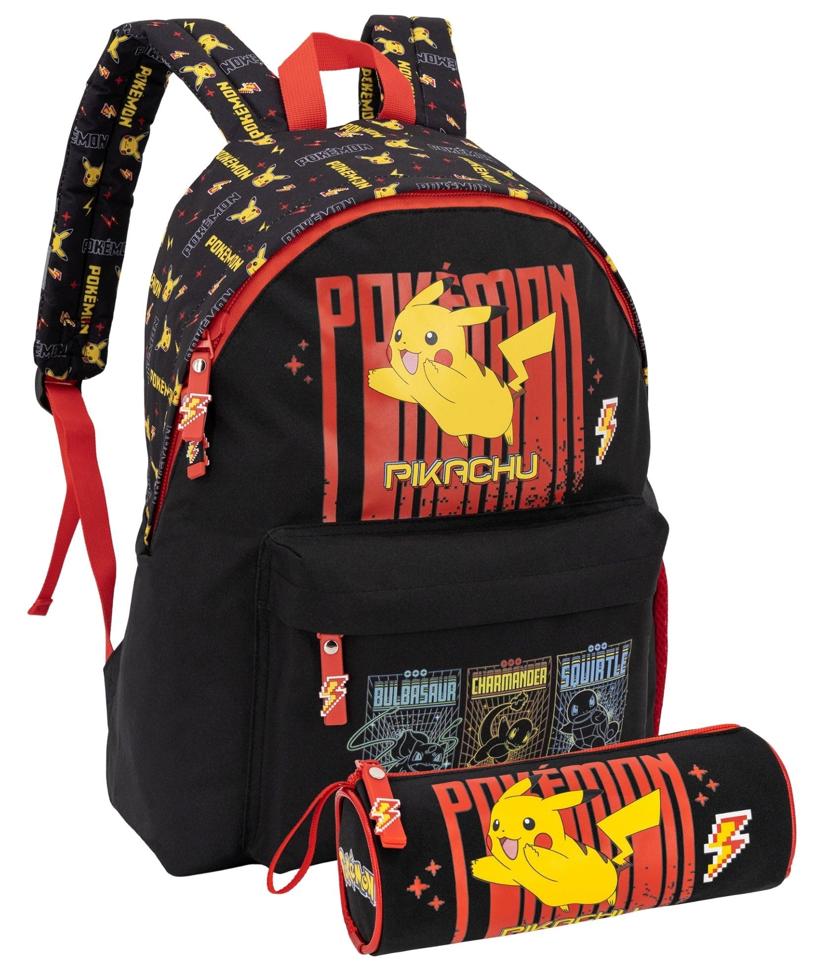 Ensemble Sac à dos + trousse scolaire pour fans de Pokémon 41 cm, Compartiment matelassé, poche gourde et bandes réfléchissantes