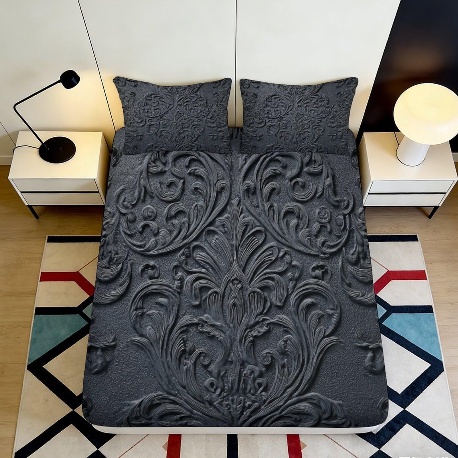 3D Printed Baroque Floral Fitted Sheet Microfiber Dark Grey Mattress Cover for Bedroom Guestroom Decor Anti-Slip 90x200x25cm