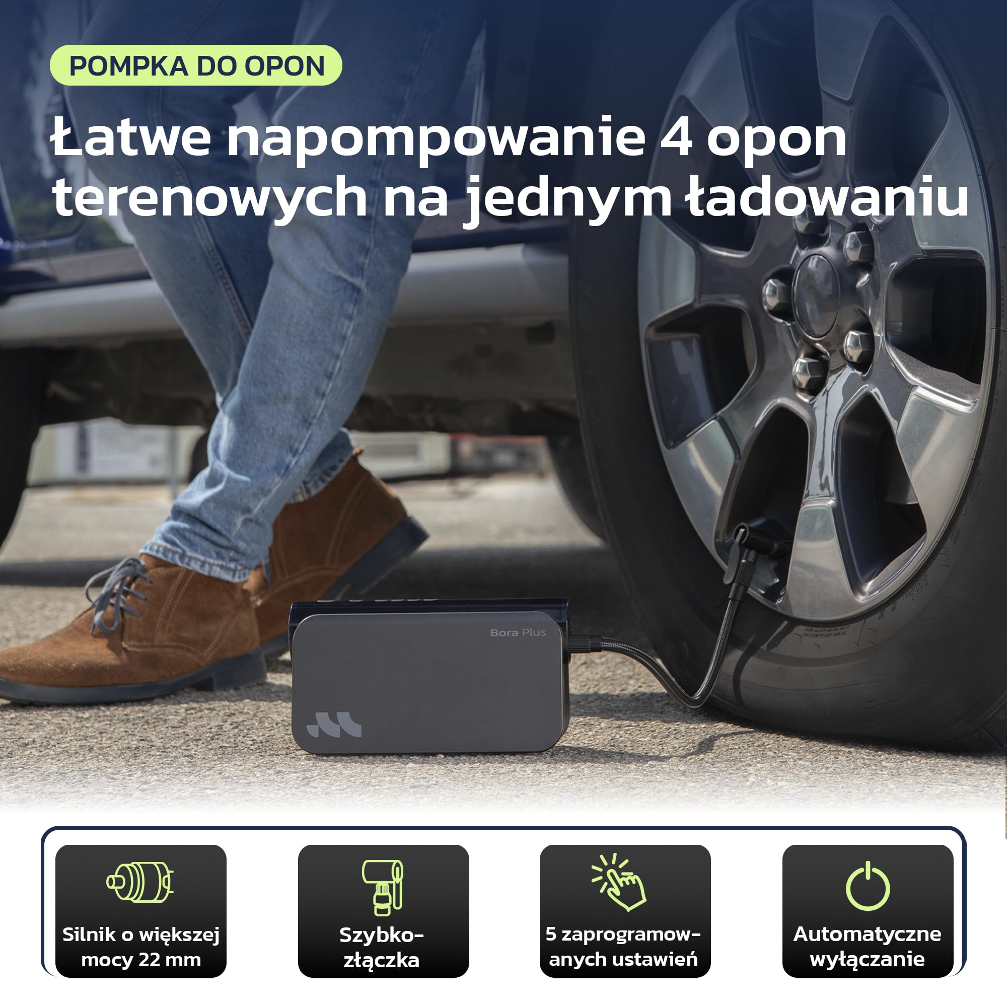 Wooowind Bora Plus 3w1 Przenośny Kompresor do Opon 150PSI | Rozrusznik awaryjny, pompka opon, powerbank, auto wyłączanie, LED, manometr, dysze, 10,3 BAR