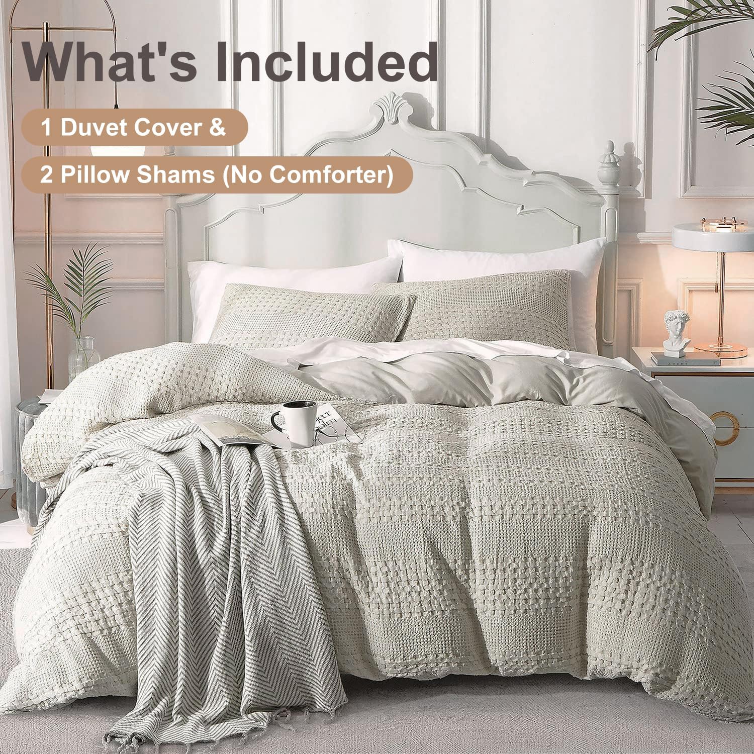 Ivellow Waffle Duvet Cover 100% Cotton Queen Duvet Cover Textured Khaki Duvet Cover Cozy Soft Breathable Skin-Friendly Luxury Bedding Set All Season