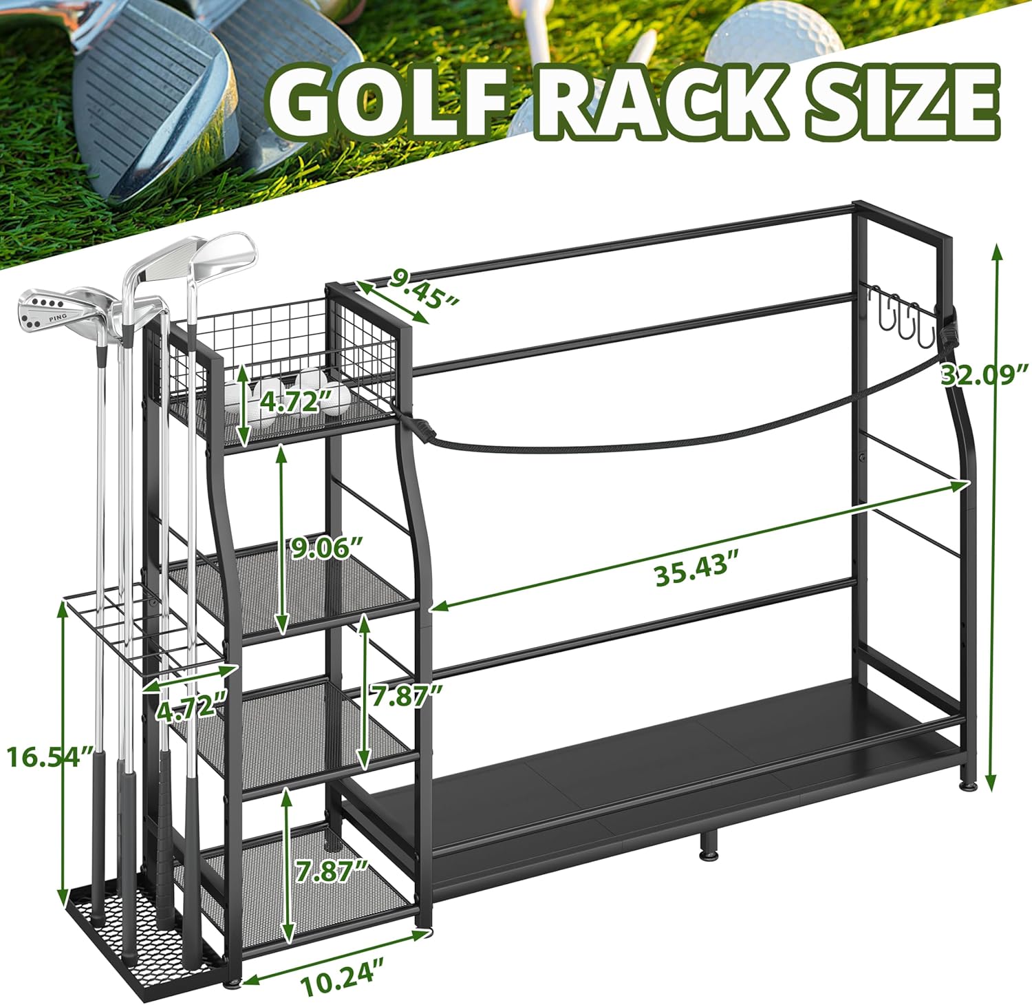 Golf Bag Stand for Golf Bag Accessories, Golf Bag Storage Organizer Fits 3 Bags for Garage Organization, Golf Organizer with Extra Storage Rack for Golf Clubs & Golf Essentials, Golf Gifts for Men