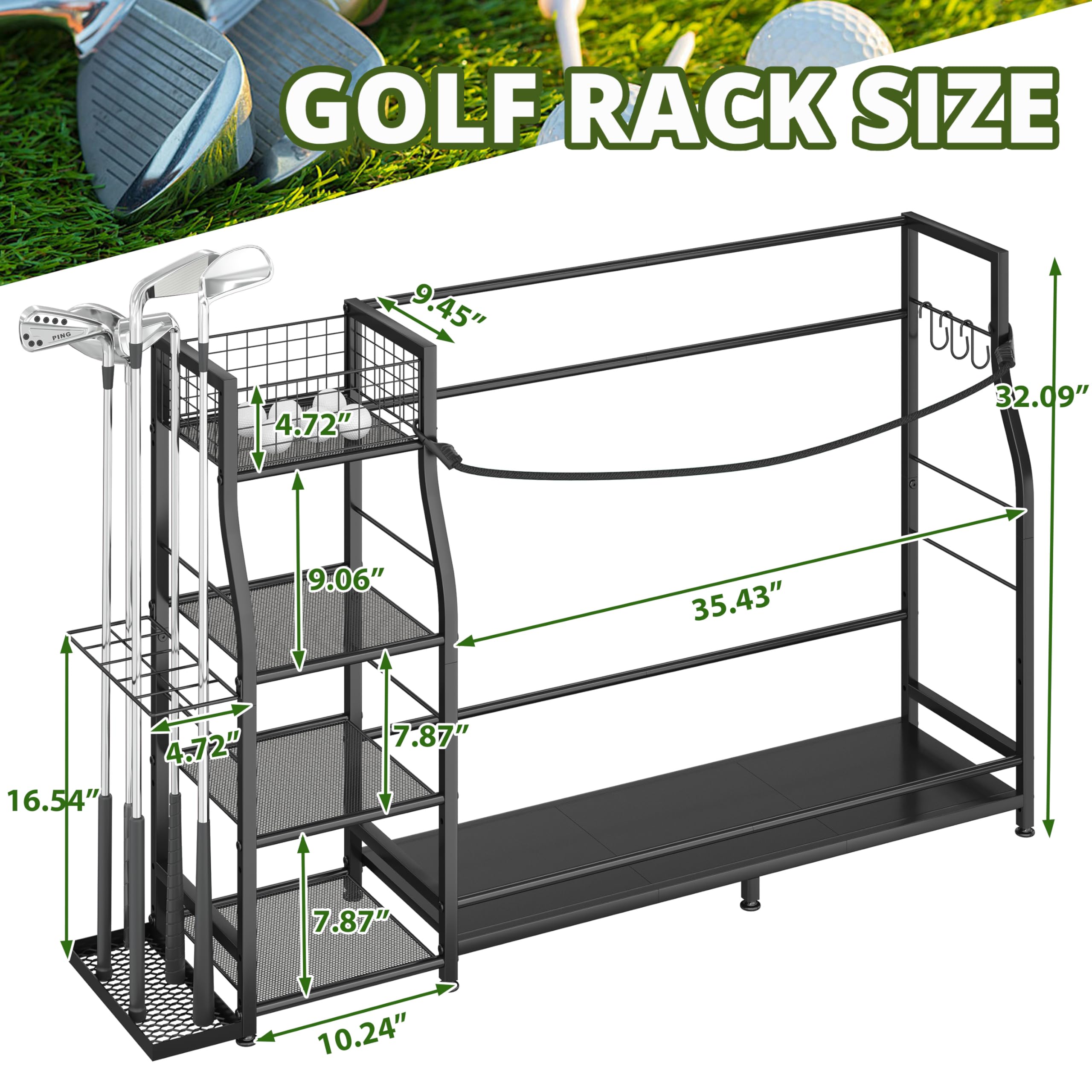 Golftaschenständer für Golftaschen-Zubehör, Golftaschen-Aufbewahrungs-Organizer passend für 3 Taschen für Garagenorganisation, Golf-Organizer mit zusätzlichem Aufbewahrungsregal für Golfschläger und