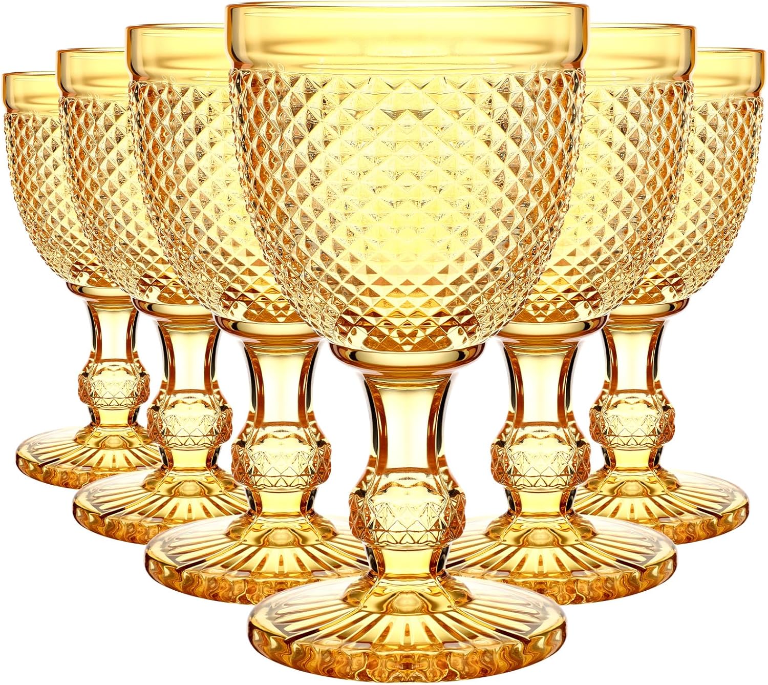 Bokon 12 Pack Blue Glass Goblets Set 10 oz High Clear Wine Glass Vintage Water Goblets Cups Embossed Diamond Design Glassware with Stem for Drinking Juice Liquor Party Wedding Bar