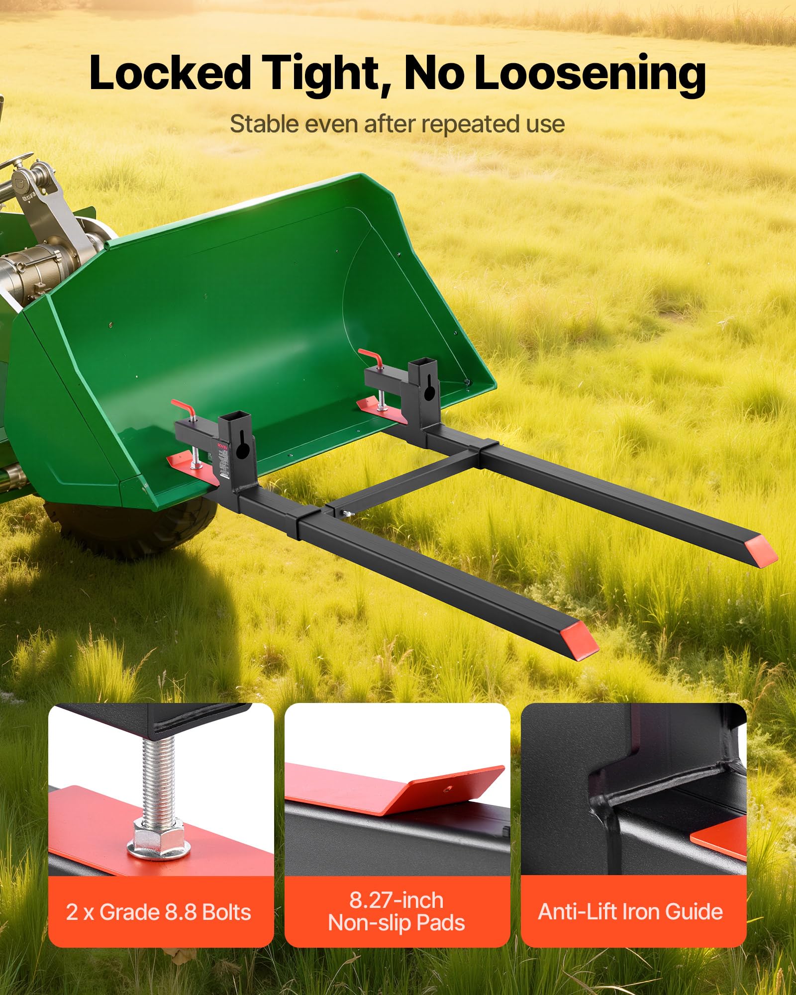VEVOR Forche per Pallet con Morsetto da 907 kg Lunghezza Totale 149 cm, Forche per Trattori per Impieghi Gravosi con Barra Stabilizzatrice Regolabile per Accessori per Trattori, Benna di Carico