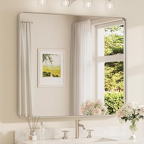 Miniatura 315 de TETOTE Espejo con marco dorado cepillado de 48 x 24 pulgadas, espejo de tocador de baño de latón para pared, moderno espejo rectangular de esquina