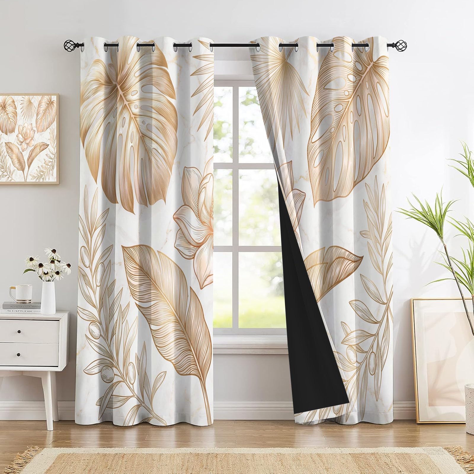 Rideaux isolants thermiques imprimés monstera or rose 140x160cm