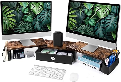 Miniatura 8 de Soporte elevador de doble monitor con cajón y pata de metal, elevador grande para monitor de computadora con almacenamiento para 2 monitores,