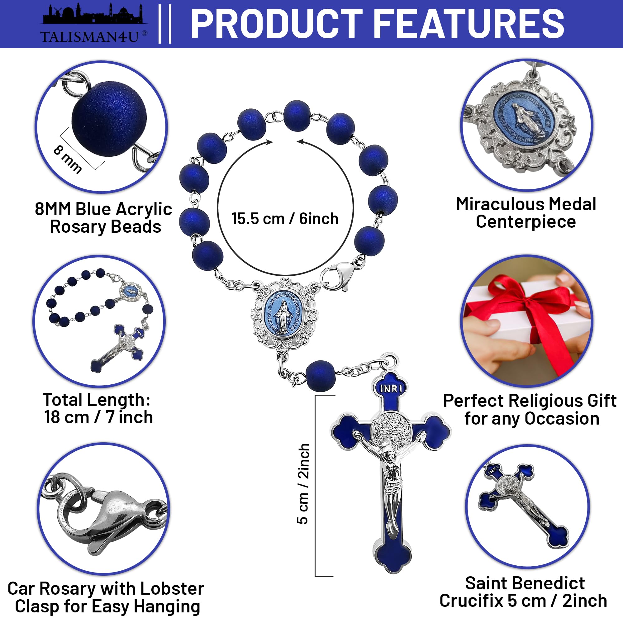 Saint Benedict One Decade Car Rosary for Rearview Mirror Virgin Mary Medal Deep Blue Rosary Beads Catholic Evil Protection Auto Rosary for Women Men