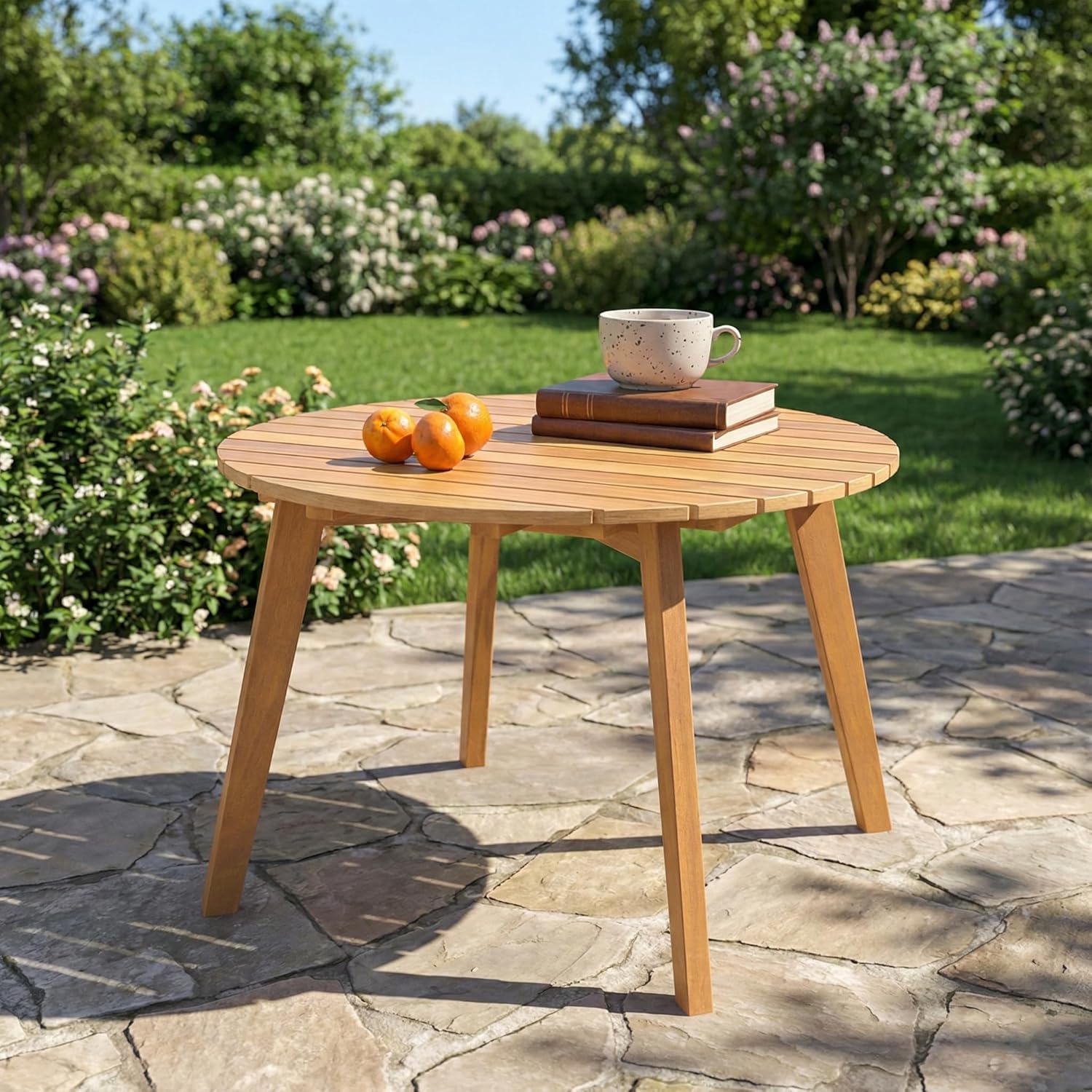 24.5" Round Acacia Wood Side Table, Outdoor Patio End Table with Slatted Top, Small Wooden Bistro Coffee Table for Garden, Backyard, Poolside, Porch & Indoor, 165 LBS Capacity, Natural