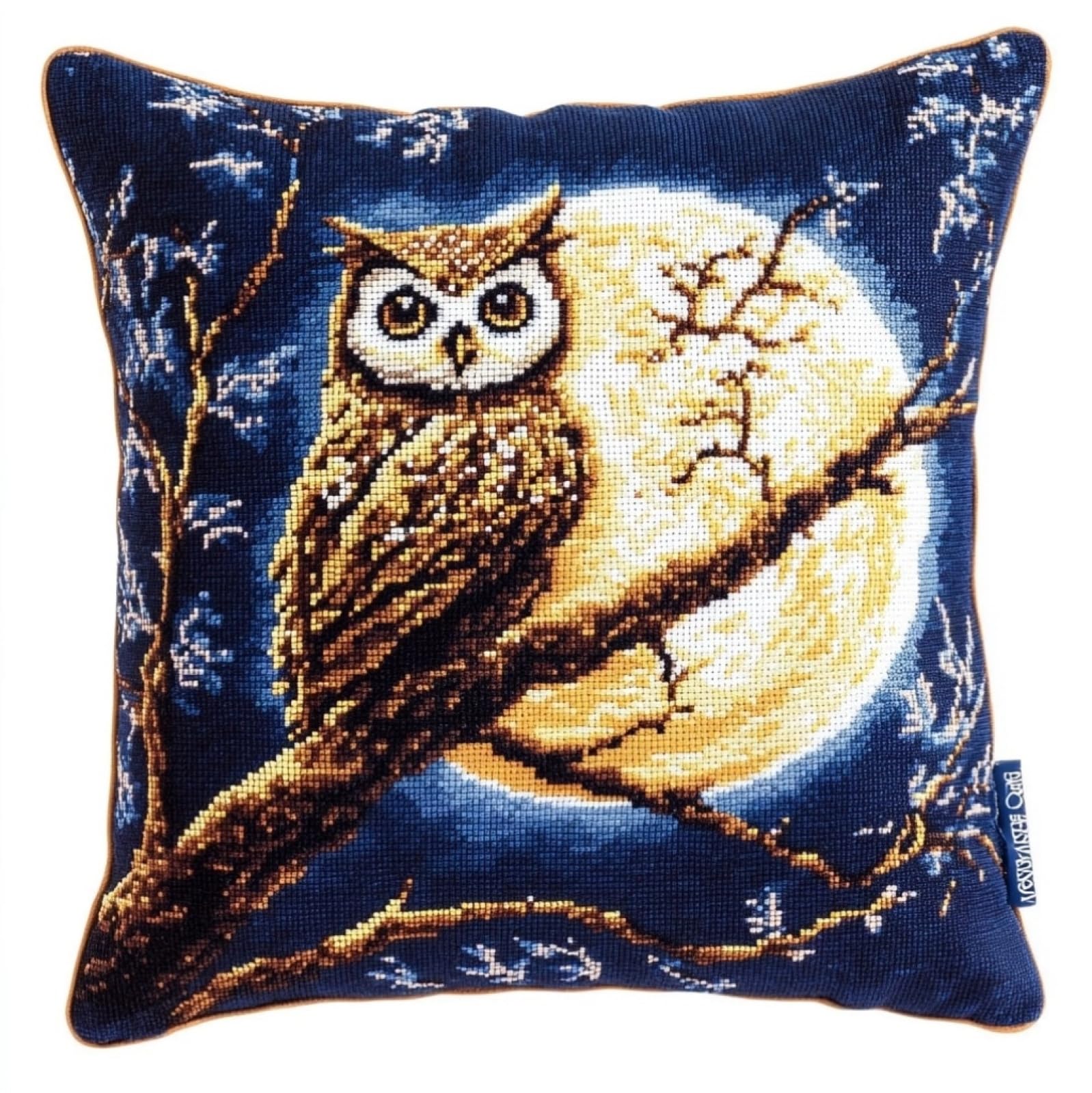 WallustrioaW DIY Cushion Embroidery Kit,Owl on a Branch,Cross Stitch Cushion Cover Needlepoint Craft Cushion Kit pre Printed Handmade Cushion Cover 18x18in