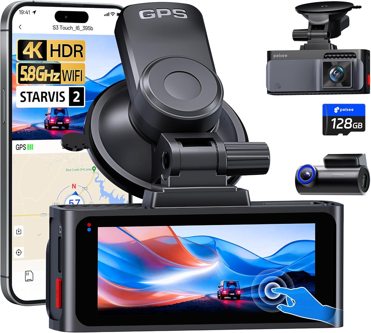 Pelsee S3 Touch 4K Dash Cam Front and Rear, STARVIS 2 Sensor, STARLIT™ Full Color Night Vision, 128GB Card, WiFi 6, ADAS, Dash Camera for Cars with 3.39"IPS Screen, Voice Control, 24H Parking Mode GPS