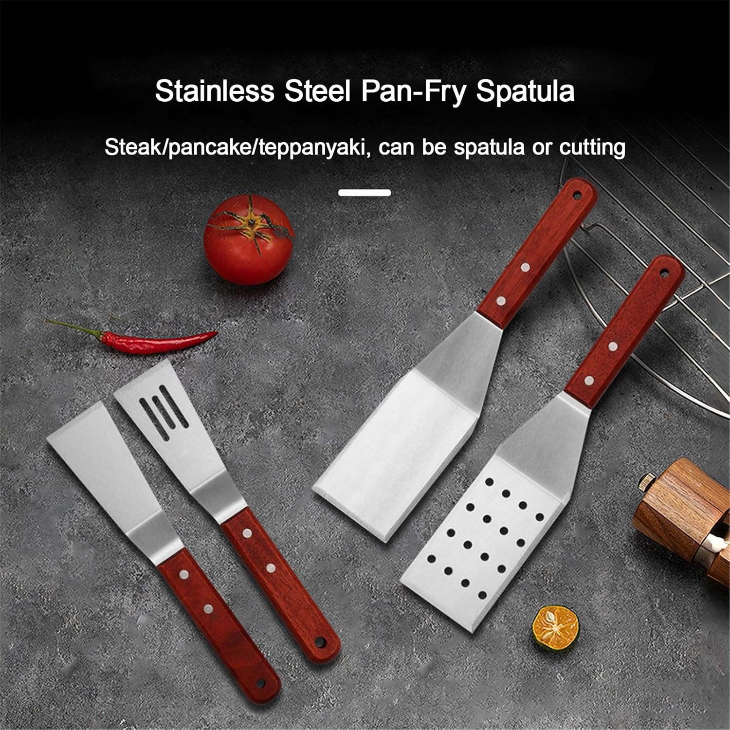 Commercial Stainless Steel Pizza Server Edge Sharp Cutting Transfer Lasagne Butter Cake Cutter Non-slip Wooden Handle Pie Server Hangable Storage(8pcs,Large - flat spatula)