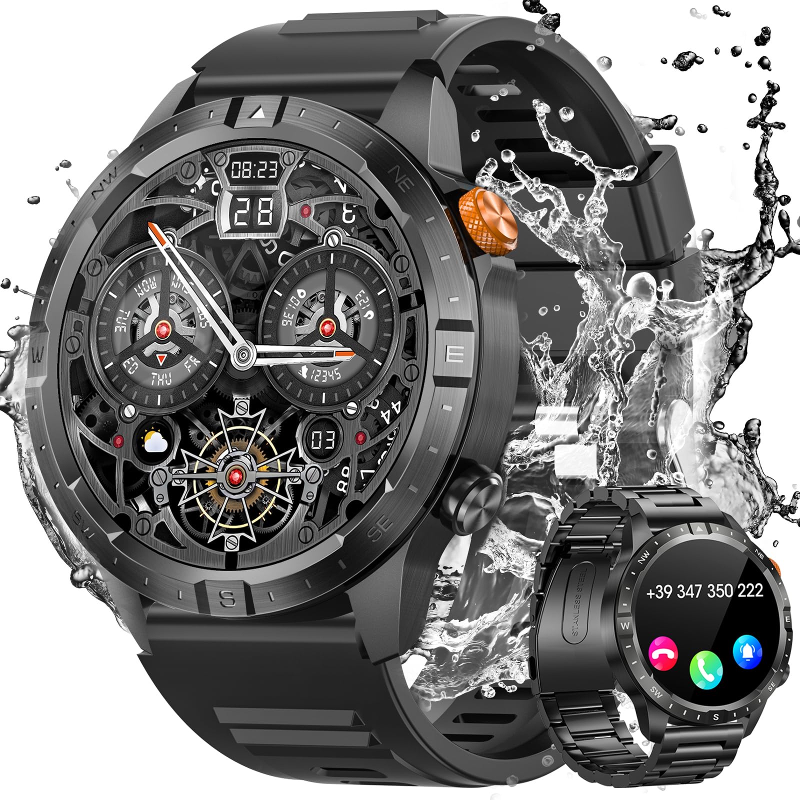 DEKELIFE Reloj Inteligente Hombre con Llamadas,1,43" AMOLED Smartwatch Hombre con 24/7 Pulsómetro SpO2 y Sueño,450mAh IP68 Impermeable Smartwatch con 70+ Modos Deportivos para Android iOS Regalo Negro