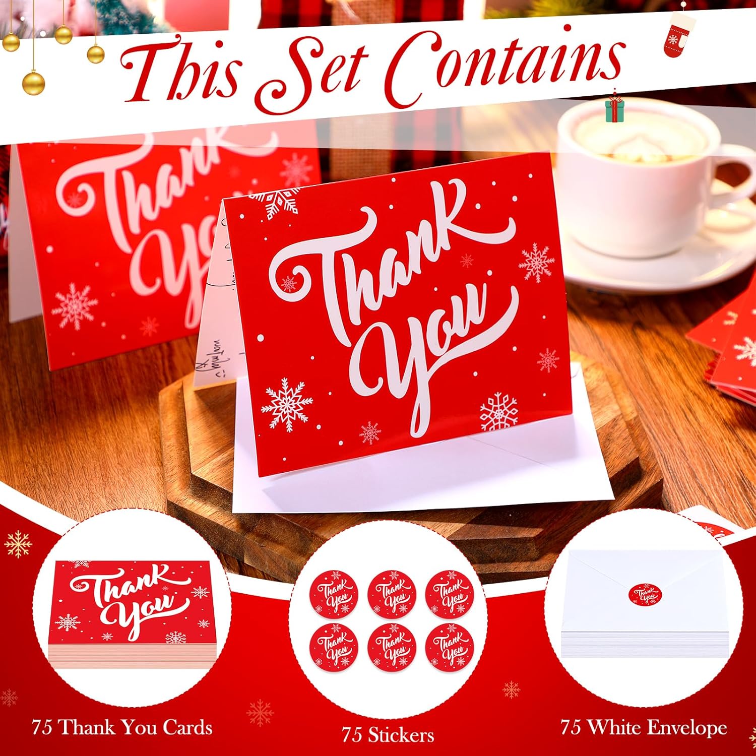 Gueevin 75 Pack Christmas Thank You Cards with Envelopes and Stickers Bulk 5.5 x 4.5 Inch Red Snowflakes Holiday Thank You Notes Christmas Blank Greeting Cards for Xmas Holiday Winter Appreciation