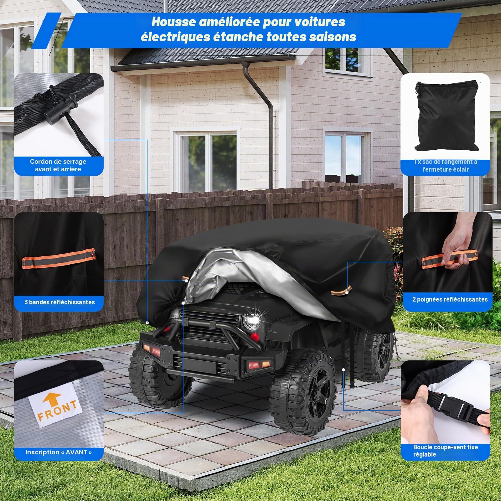 Housse de voiture électrique imperméable 900D pour enfants - Étanche - Boucle coupe-vent - Bande réfléchissante - Grande housse universelle pour jouets - Anti-UV, pluie, poussière - Protection contre