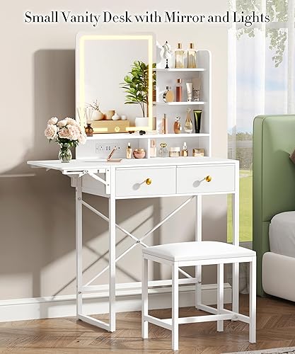 Miniatura 2 de Escritorio de tocador de maquillaje con silla, pequeño escritorio de tocador con espejo y luces, mesa de tocador con estación de carga y panel