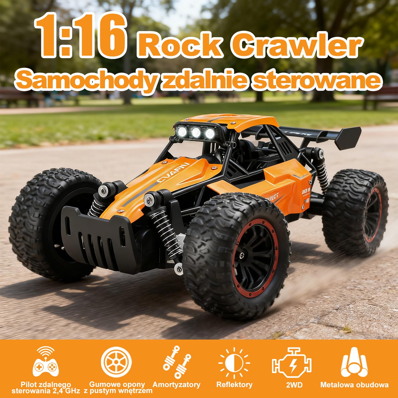 Jiakora Zdalnie sterowany samochód dla dzieci, 2,4 GHz Off-Road, samochód RC ze światłem LED, zdalnie sterowany monstertruck, samochód terenowy z 2 bateriami, samochód zabawkowy, prezent dla chłopców