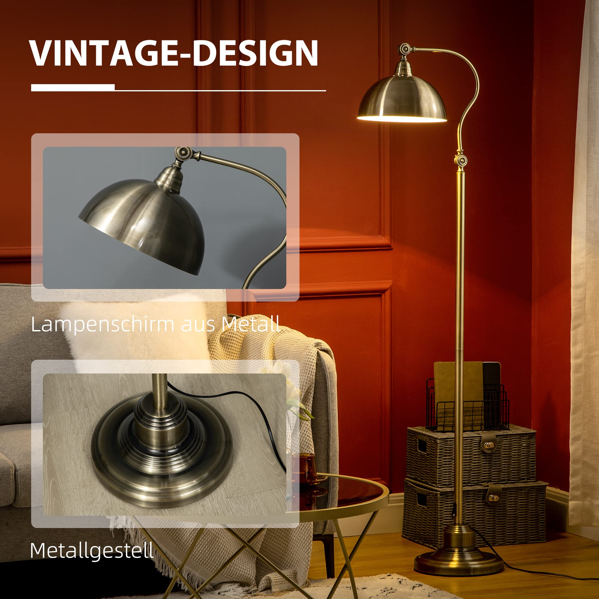 HOMCOM Stehlampe, Stehleuchte mit verstellbarem Lampenschirm, 40 W, Bogenlampe mit E27 Fassung im Retro-Design für Wohnzimmer Schlafzimmer, exkl. Glühbirne, Bronze