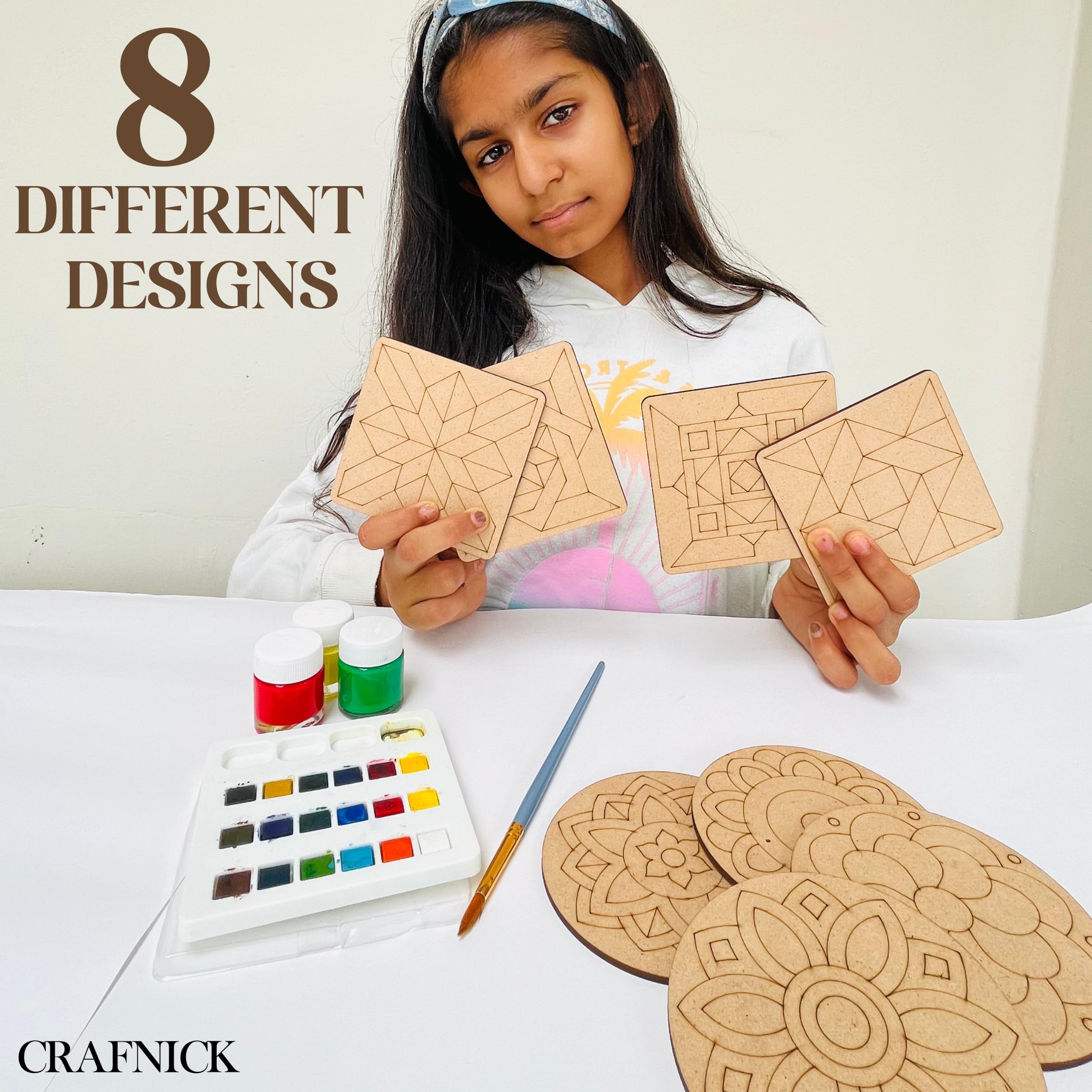 CRAFNICK® Premarked MDF Boards for Art and Craft | Set of 8-4 Inch - 2.5 Mm | Premarked Mandala Board Coasters | Canvas for Kids | MDF Cutouts for Painting, Lippan Art DIY Kit for Kids (Round Square) 3