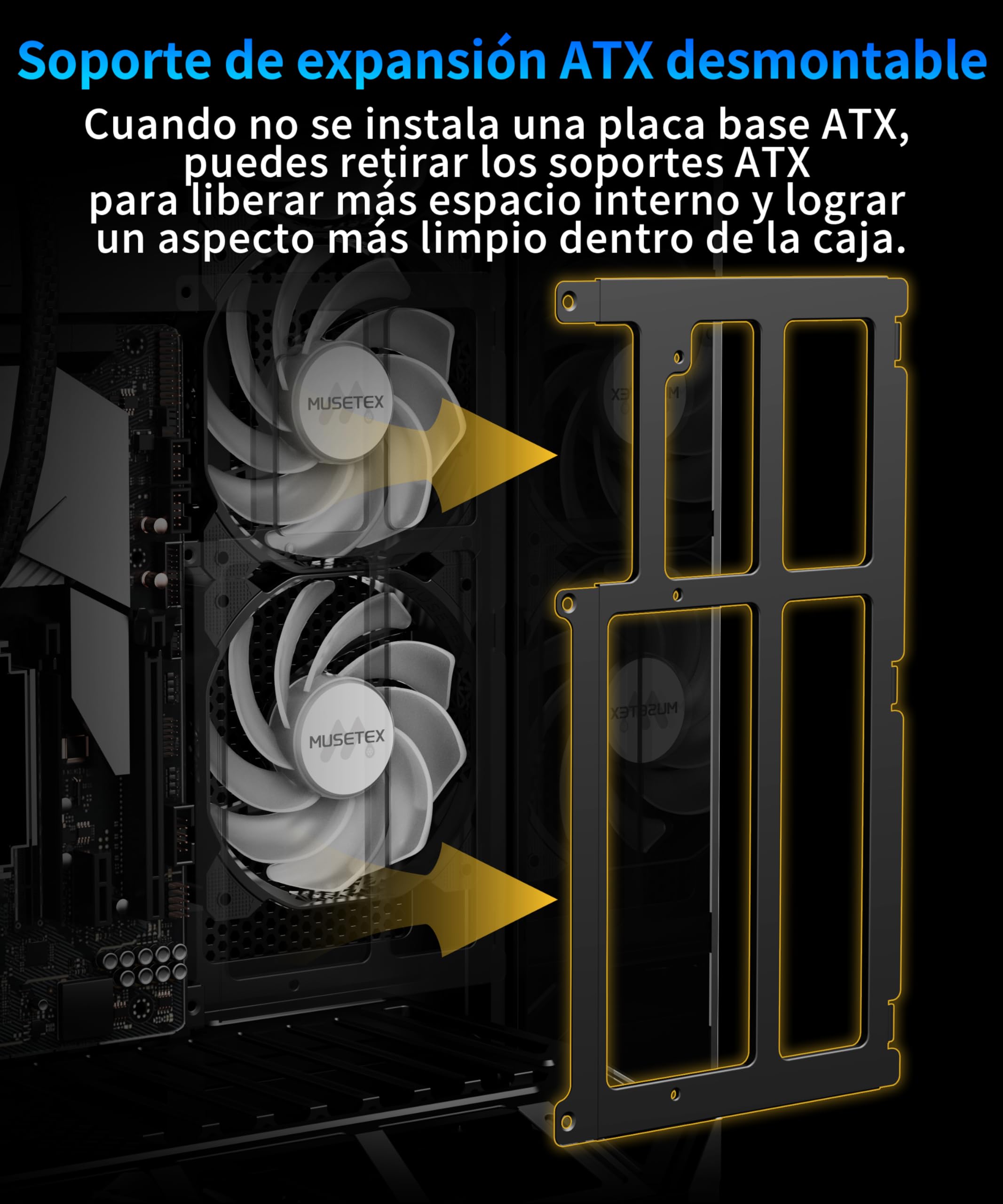 MUSETEX Torre Media ATX para PC Gaming, con Montaje Vertical para GPU, 5 Ventiladores ARGB PWM Preinstalados, Soporte para Radiador de 360 mm, Negro (GR3)