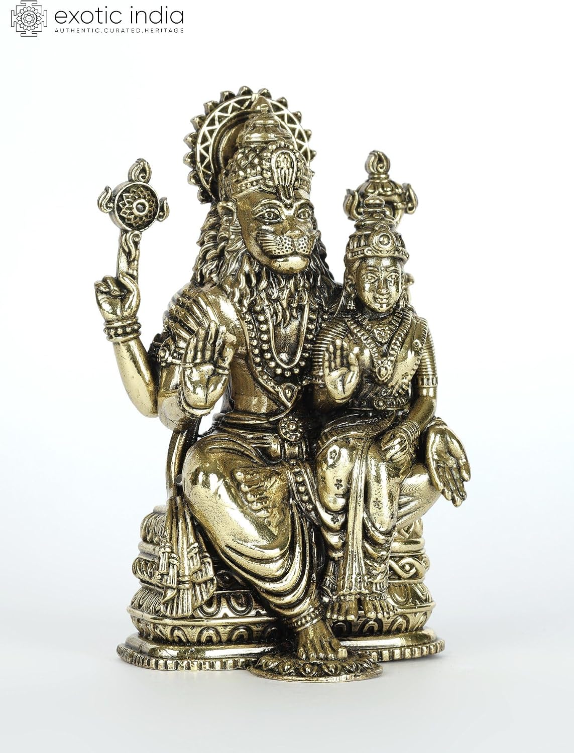 Exotic India Small Superfine Sitting Lord Narasimha with Devi Lakshmi Brass Statue for Puja Home Temple Murti Home Décor